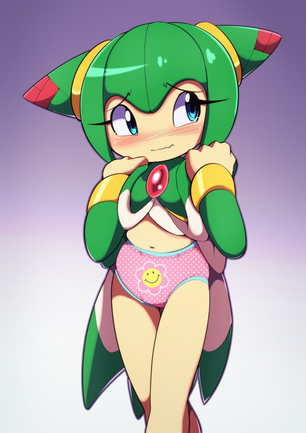 1girls belly_button blue_eyes cosmo_the_seedrian dress_lift embarrassed embarrassed_underwear_female euf euf-dreamer female flower_panties flower_print flower_underwear green_dress green_hair heavy_blush looking_away panties print_panties print_underwear solo sonic_(series) sonic_the_hedgehog_(series) sonic_x tms_entertainment underwear