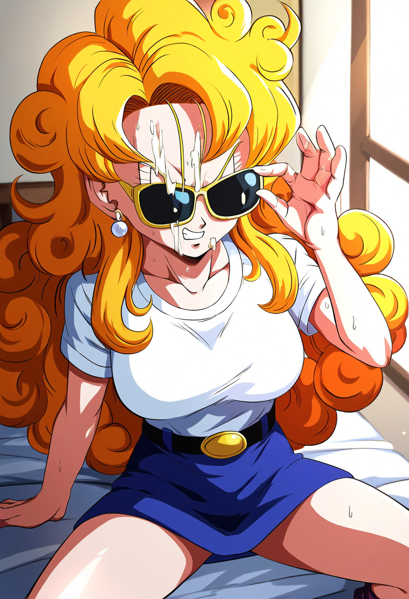 adjusting_eyewear ai_generated angry blonde_hair blue_shorts curly_hair dragon_ball pearl_earrings sunglasses tinted_eyewear white_shirt