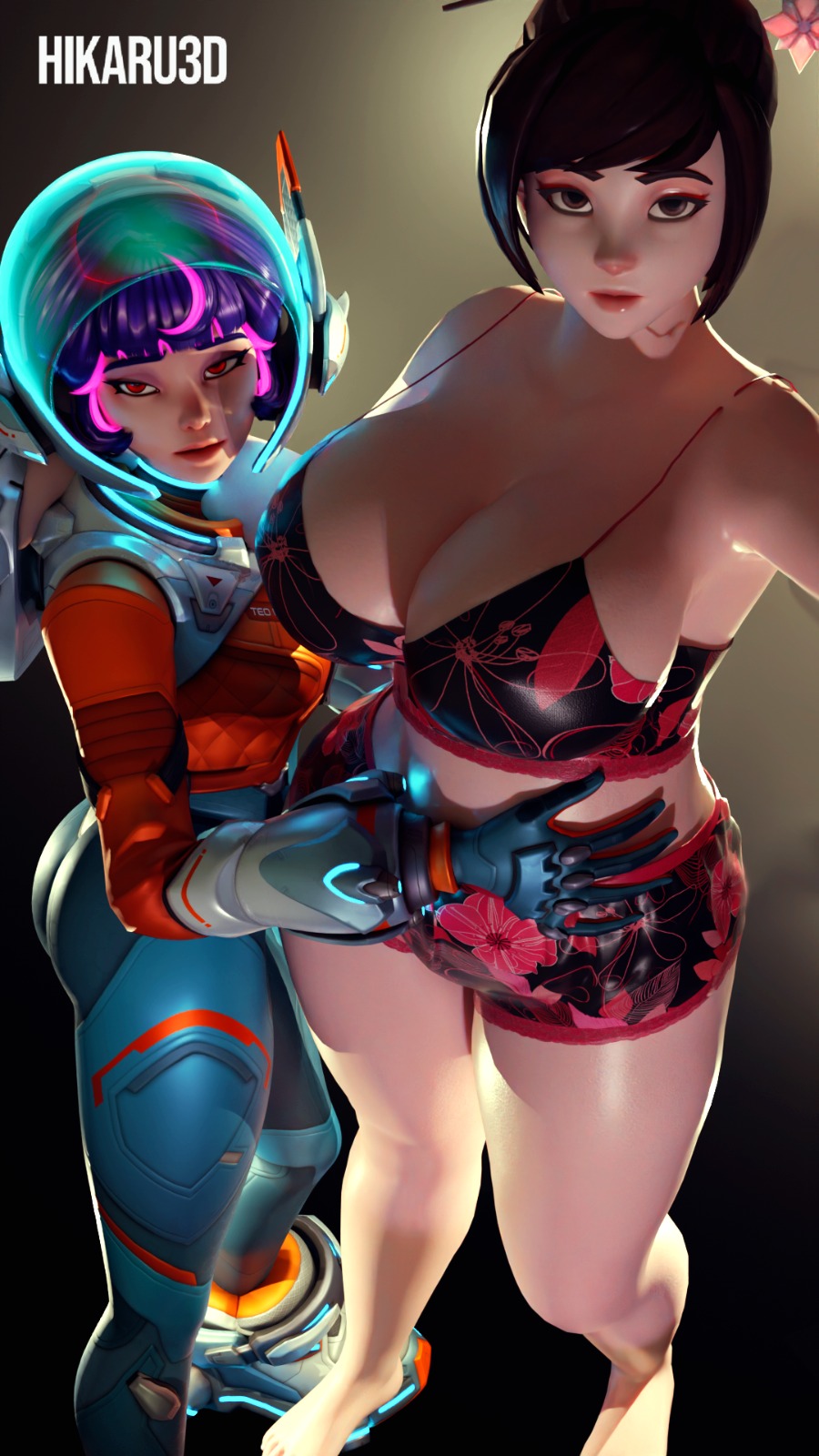 3d, aunt and niece, bikini, bikini top, female, female/female, juno (overwatch), mei (overwatch), overwatch, overwatch 2, sweat, torn clothes