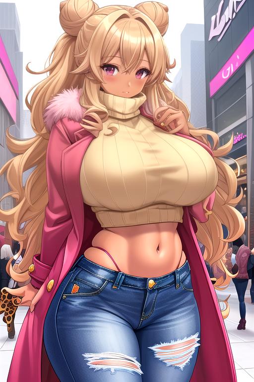 1girls ai_generated bangs big_breasts blonde_hair blush clothed clothed_female coat crop_sweater crop_turtleneck cropped_sweater denim_bottomwear denim_jeans fit_female gyaru hair_bun jeans long_hair pink_coat pink_eyes ripped_jeans slim_waist street sweater tan_body tanned tanned_girl thong turtleneck turtleneck_sweater visible_underwear wavy_hair whale_tail_(clothing) wide_hips zarazin