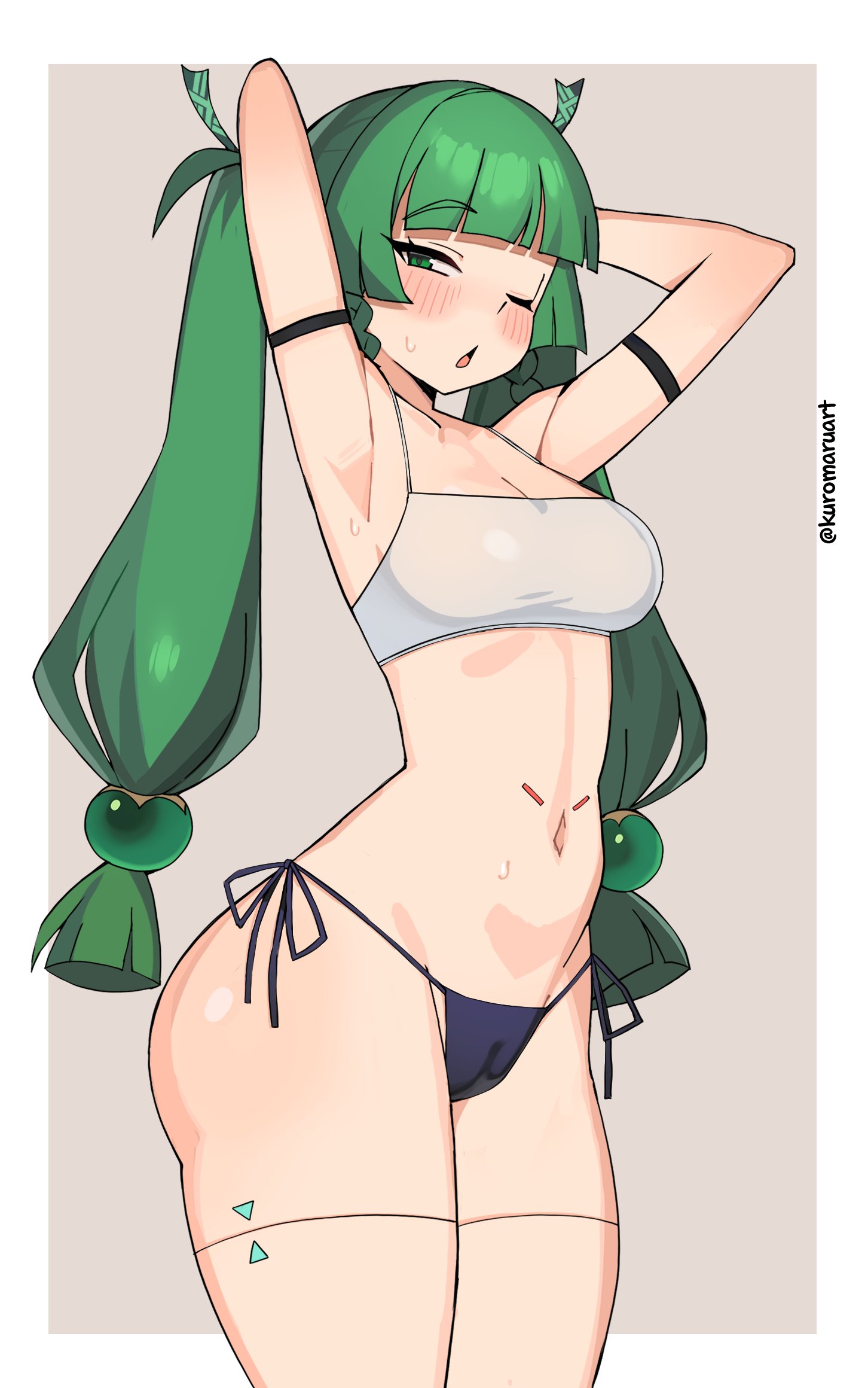 1girls, absurd res, blunt bangs, breasts, cameltoe, cleavage, female, female only, green eyes, green hair, hi res, kuromaruart, looking at viewer, panties, pussy, qingyi (zenless zone zero), solo, thighhighs, thighs, wide hips, zenless zone zero