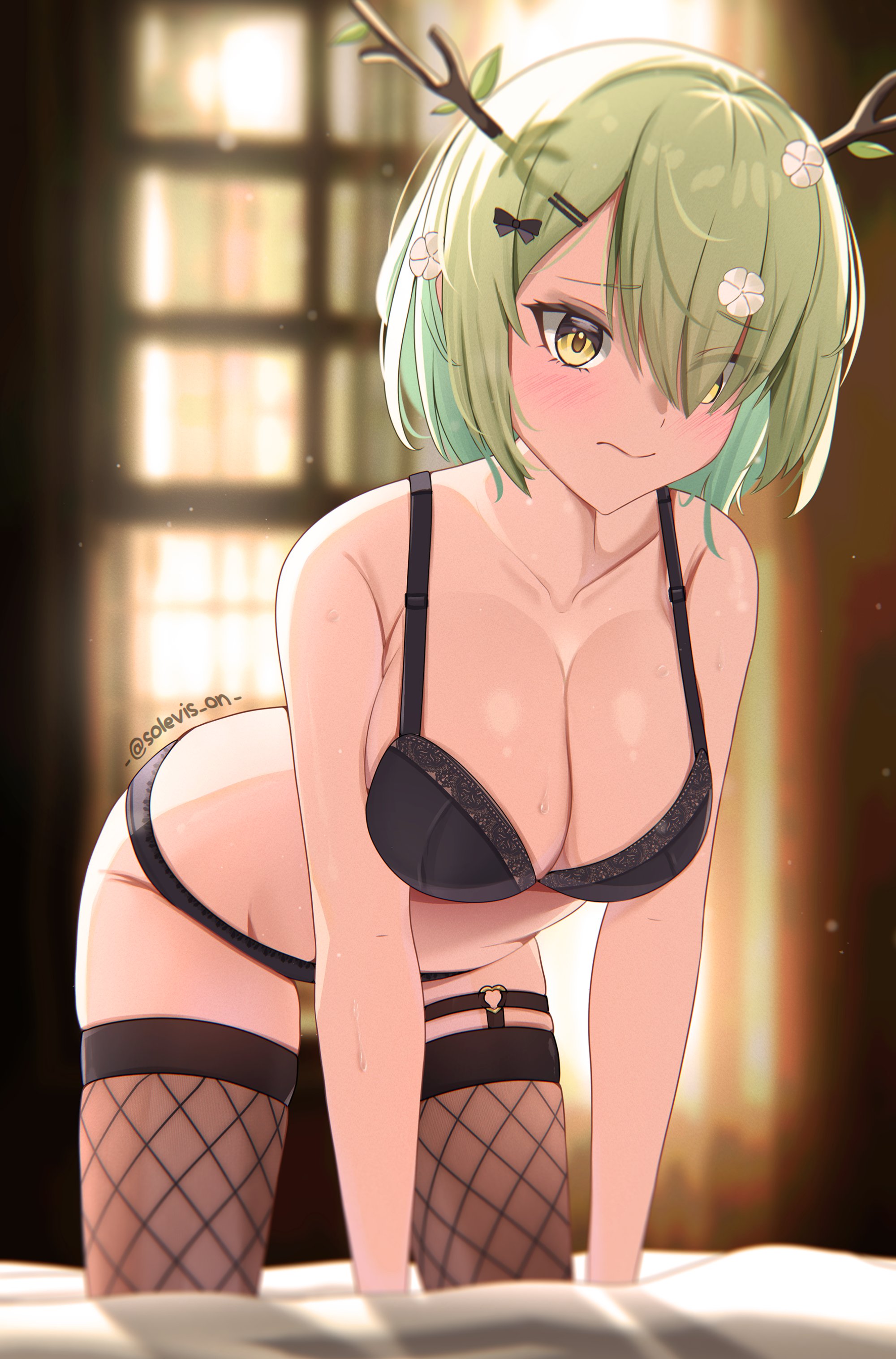 1girls, antlers, black bra, black panties, blush, bra, breasts, ceres fauna, cleavage, female, female only, fishnets, green hair, hair ornament, hololive, hololive english, hololive english -council-, hololive english -promise-, huge breasts, indoors, light skin, light-skinned female, solevis on, solo, stockings, sweat, virtual youtuber, yellow eyes