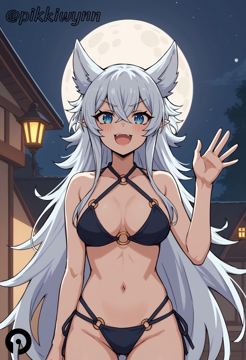 ai_generated animal_ears bare_arms bare_shoulders bikini black_bikini blue_eyes breasts collarbone cowboy_shot extra_ears fangs female fenrys full_moon halterneck hand_up long_hair looking_at_viewer lv2_kara_cheat_datta_motoyuusha_kouho_no_mattari_isekai_life medium_breasts moon multi-strapped_bikini navel night o-ring o-ring_bikini open_mouth outdoors pikkiwynn pointy_ears side-tie_bikini_bottom sky smile solo standing stomach string_bikini swimsuit thigh_gap v-shaped_eyebrows very_long_hair white_hair wolf_ears