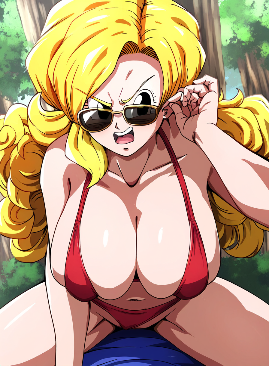 adjusting_eyewear ai_generated bikini blonde_hair cowgirl_position curly_hair dragon_ball looking_over_eyewear red_bikini stealth_sex style_parody sunglasses tinted_eyewear