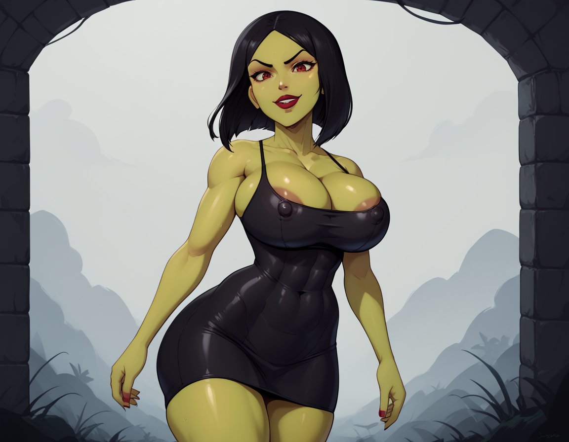 1girls ai_generated avlai banjo-kazooie big_breasts black_hair breast_grab breasts_out clothing game_over_gruntilda green_skin gruntilda happy looking_at_viewer rampage0118_(style) red_eyes sexy_pose smile solo voluptuous voluptuous_female witch