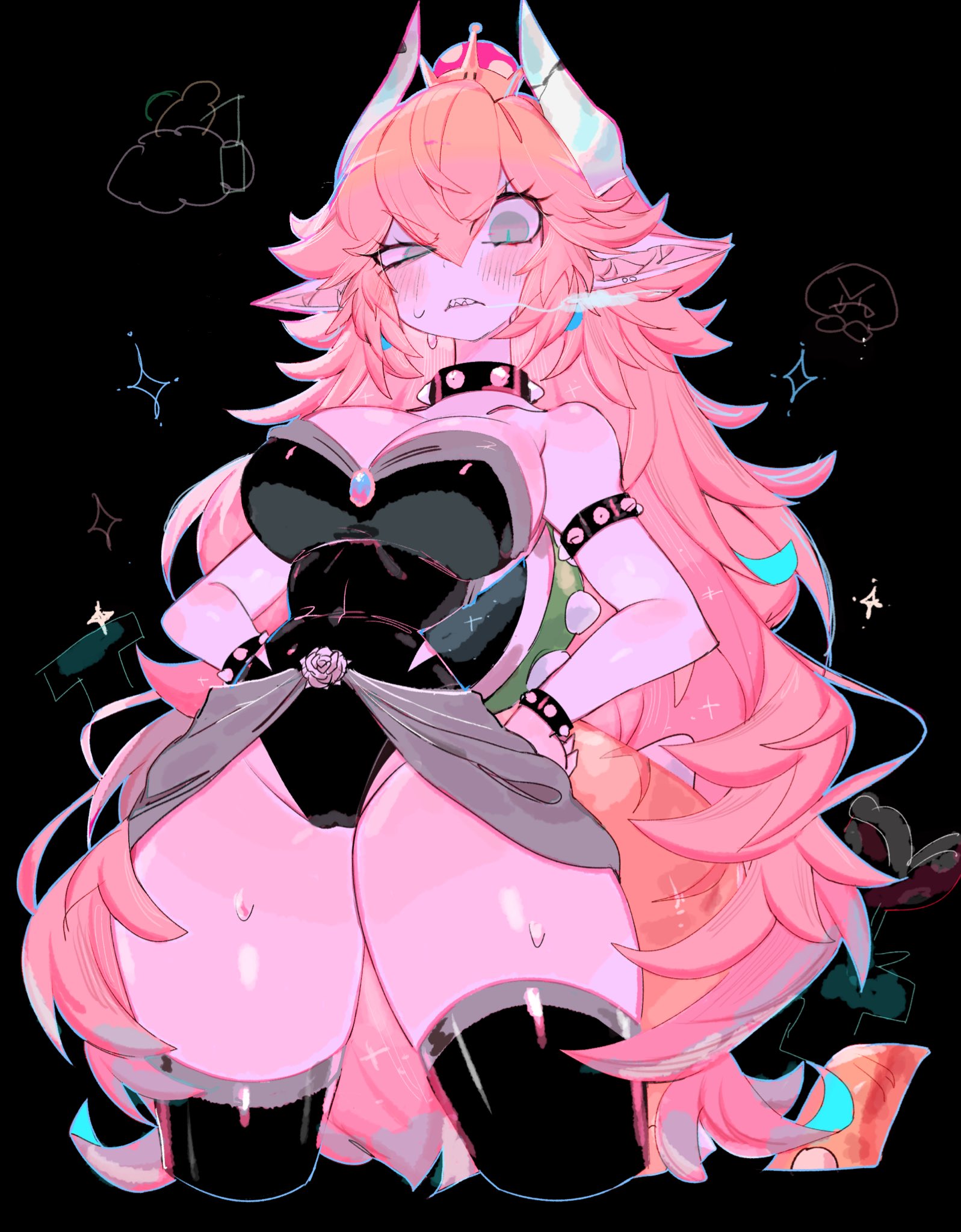 1girls, angry, ass, black legwear, blonde hair, blue eyes, bowsette, breasts, cameltoe, collar, elf ears, female, fully clothed, horns, large ass, large breasts, legs, long hair, looking at viewer, looking down, mario (series), nintendo, pussy, revealing clothes, sharp teeth, simple background, stockings, super mario bros., super mario world, thick thighs, tight clothing, usa37107692