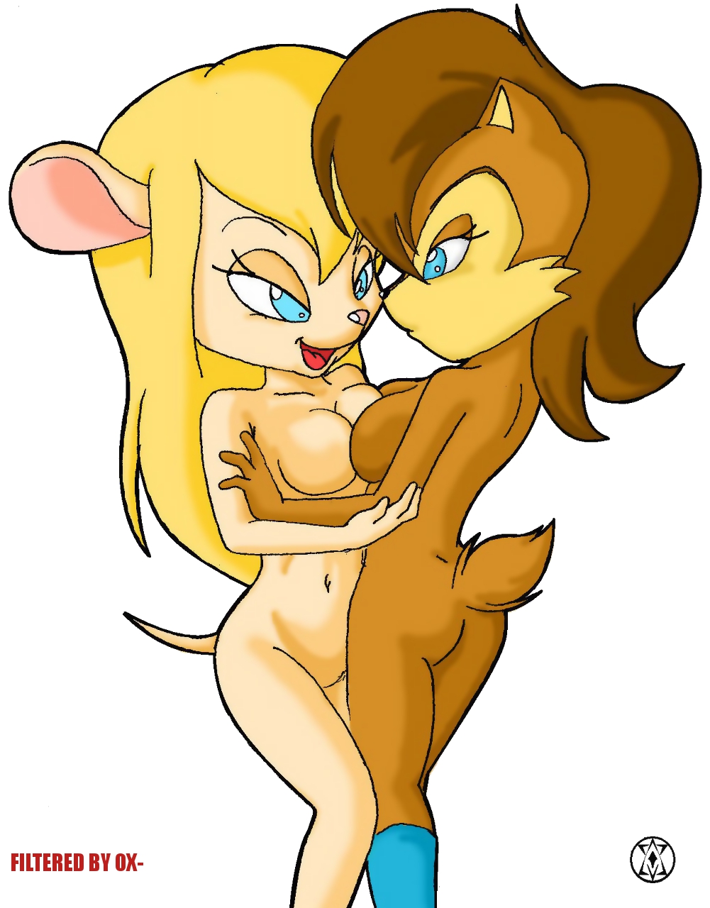 2girls aidman101 anthro ass blonde_hair blue_eyes boots breast_press breasts chip_'n_dale_rescue_rangers chipmunk crossover disney female footwear gadget_hackwrench hair mammal mouse multiple_girls nude red_hair rodent sally_acorn sega sonic_(series) squirrel yuri