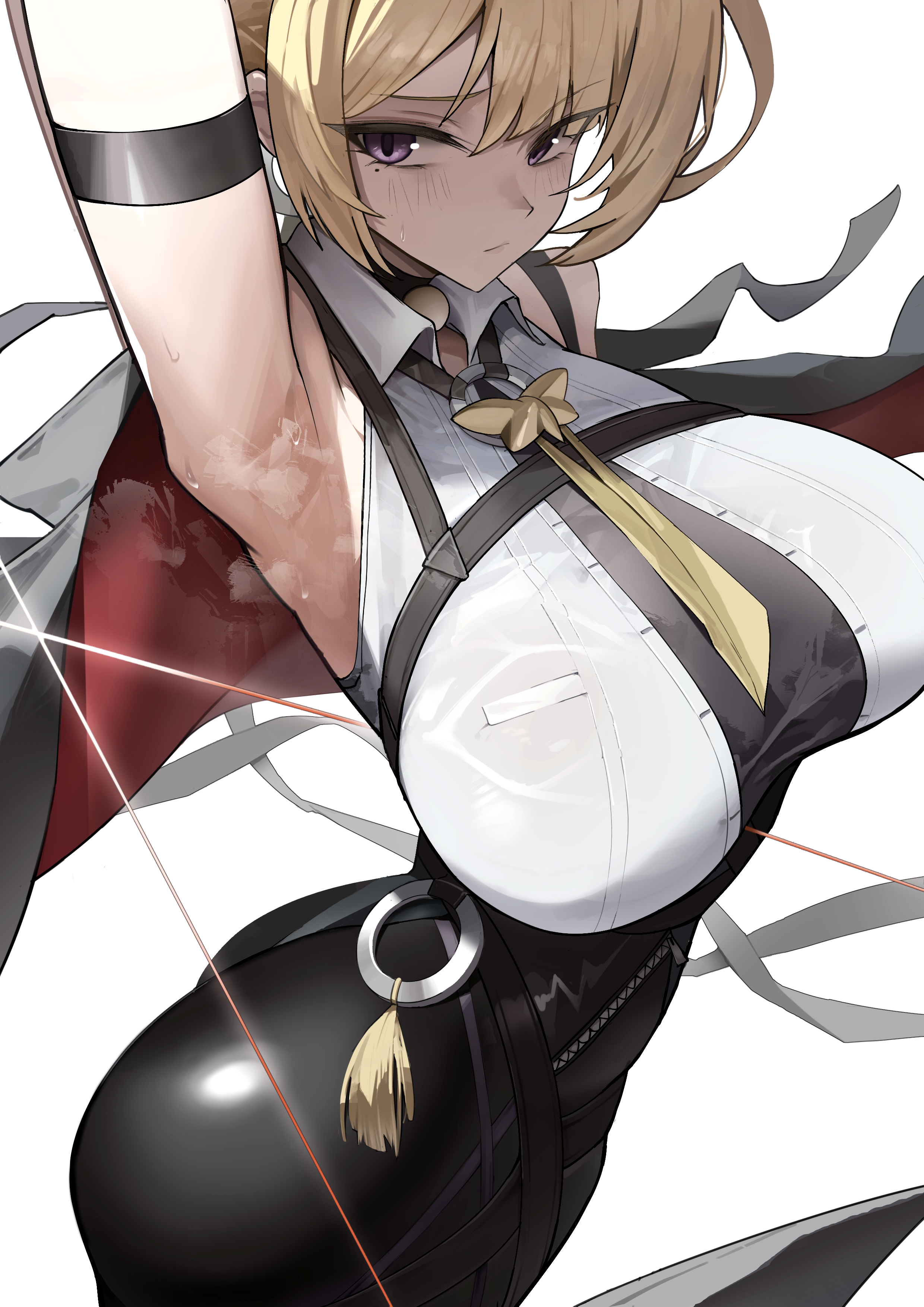 absurdres, arched back, arm strap, arm up, armpits, ass, big ass, big breasts, blonde hair, breasts, closed mouth, collared shirt, evelyn chevalier, eyelashes, female, female only, grey jacket, highres, impossible clothes, jacket, jacket on shoulders, large breasts, looking at viewer, medium breasts, mole, mole under eye, mutsuru (omotta yori), necktie, presenting armpit, purple eyes, shirt, simple background, sleeveless, solo, steaming body, sweat, tassel, white background, zenless zone zero