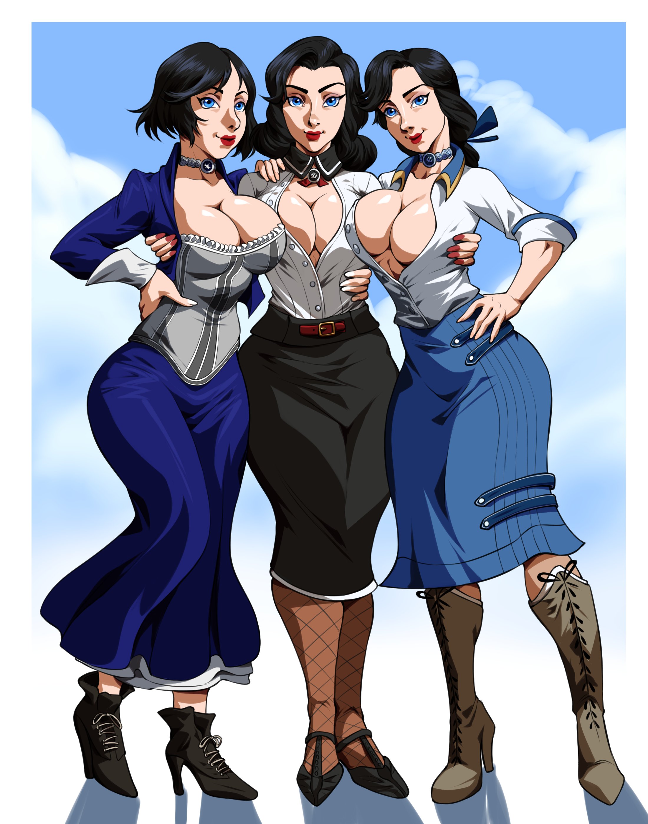 2d, 2d (artwork), 3girls, aged up, artist request, big breasts, bioshock, bioshock infinite, black skirt, blue skirt, boob window, breasts, burial at sea, corset, dress, elizabeth comstock, elizabeth comstock (burial at sea), female, female focus, female only, full body, multiple persona, open shirt, ponytail, short hair, square crossover