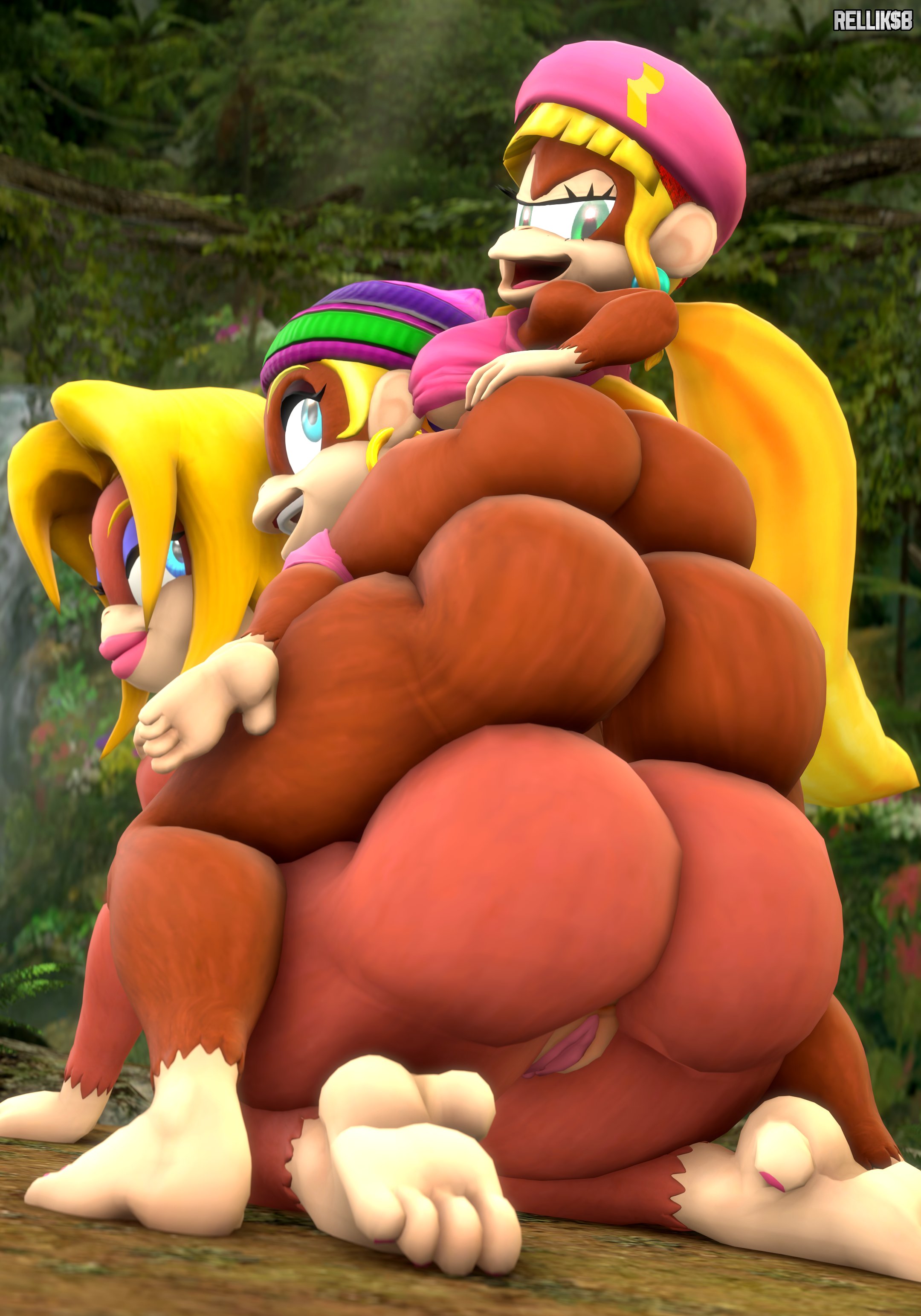 3d, 3d (artwork), 3girls, anthro, ass, beanie, big ass, big butt, blonde hair, blue eyes, bottomless, brown fur, bubble butt, candy kong, dixie kong, donkey kong (series), ear piercing, earrings, fat ass, female, female only, furry, furry female, furry only, green eyes, huge ass, kabalmystic (style), looking at viewer, nintendo, on top of another, ponytail, primate, pussy, relliksb, seductive, seductive female, stacked, tiny kong, trio, wide hips