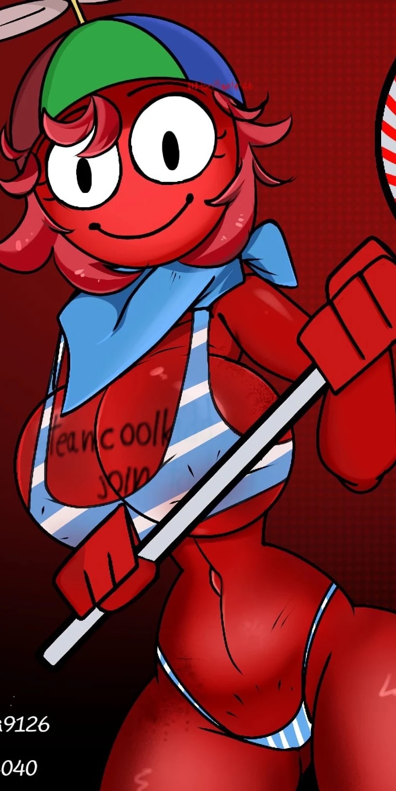 aged up, artist request, bandanna on neck, bikini, breasts, c00lkidd, c00lkidd (forsaken), creepy smile, cropped image, curvy female, female, genderswap, genderswap (mtf), large breasts, lollipop, propeller hat, red body, rule 63, unknown artist