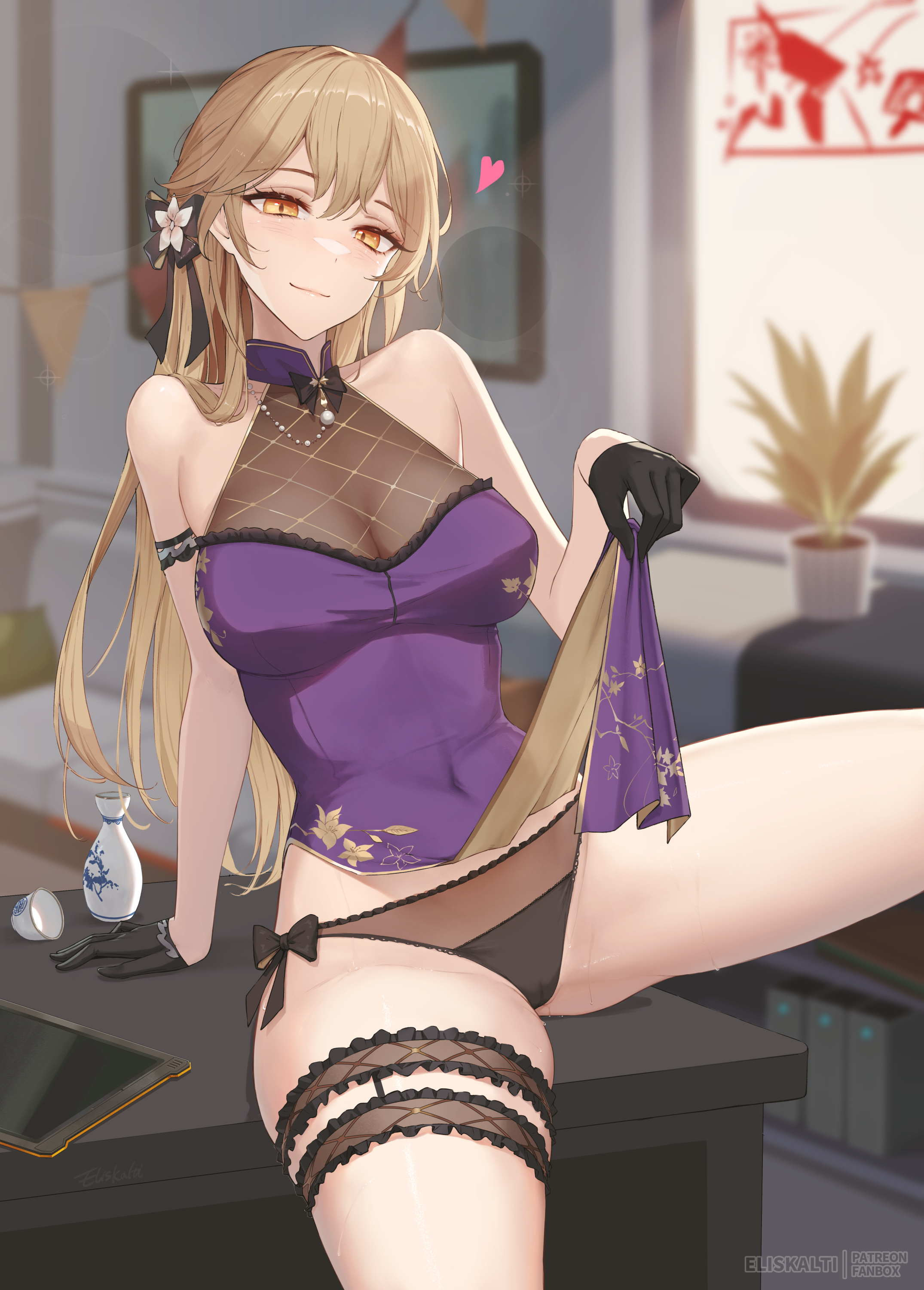 absurdres, black bow, black gloves, black panties, blonde hair, bow, bow panties, china dress, chinese clothes, clothes lift, commentary, covered navel, dress, dress lift, eliskalti, english commentary, female, flower, frilled panties, frilled thigh strap, frills, girls' frontline, girls' frontline 2: exilium, gloves, groza (girls' frontline 2), hair flower, hair ornament, hairbow, heart, highres, indoors, long hair, looking at viewer, official alternate costume, on table, ots-14 (girls' frontline), panties, patreon username, pelvic curtain, purple dress, sitting, sleeveless, sleeveless dress, smile, table, thigh strap, underwear, yellow eyes