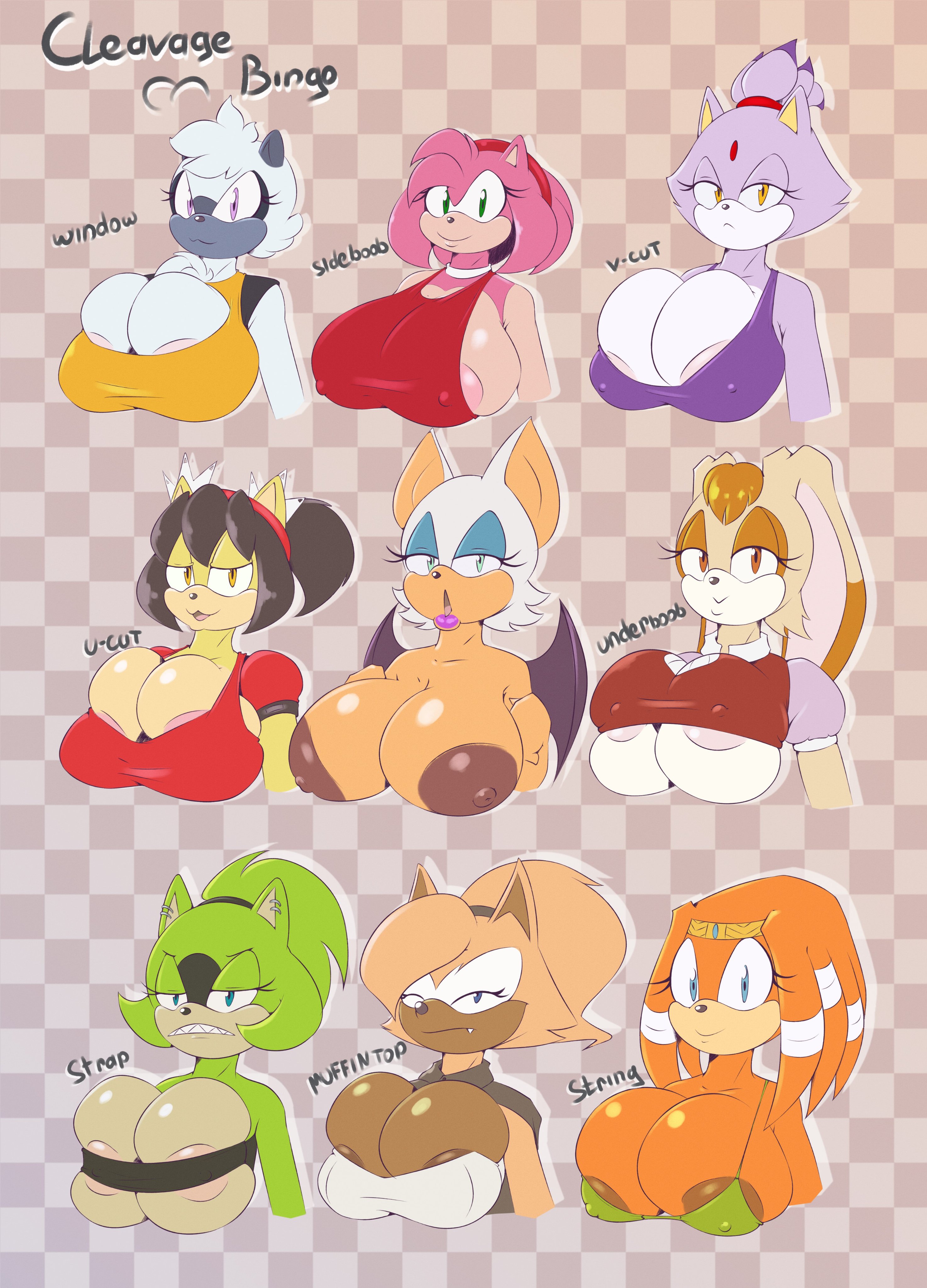 2d, amy rose, anthro, blaze the cat, boob window, breasts, cleavage, female, furry, honey the cat, jpg, mobian, mobian (species), mobian cat, rouge the bat, sega, shirt cut meme, smotrilla, sonic (series), sonic the fighters, sonic the hedgehog (series), surge the tenrec, tagme, tangle the lemur, tikal the echidna, twitter link, vanilla the rabbit, whisper the wolf