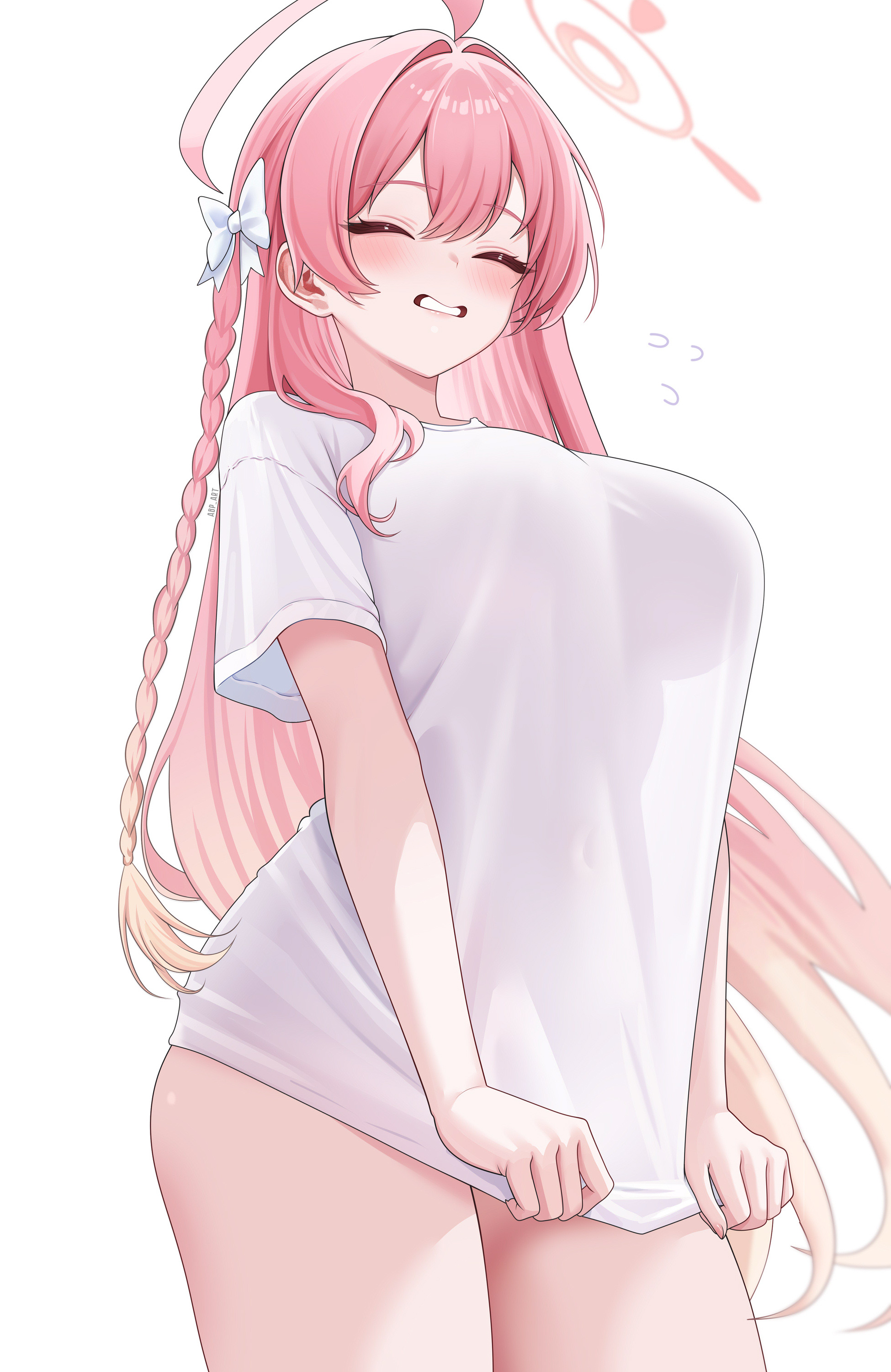 abpart, absurdres, ahoge, blue archive, blush, bow, braid, breasts, closed eyes, cowboy shot, female, hairbow, halo, hanako (blue archive), highres, large breasts, long hair, no pants, paid reward available, pink hair, pink halo, shirt, short sleeves, simple background, white background, white bow, white shirt