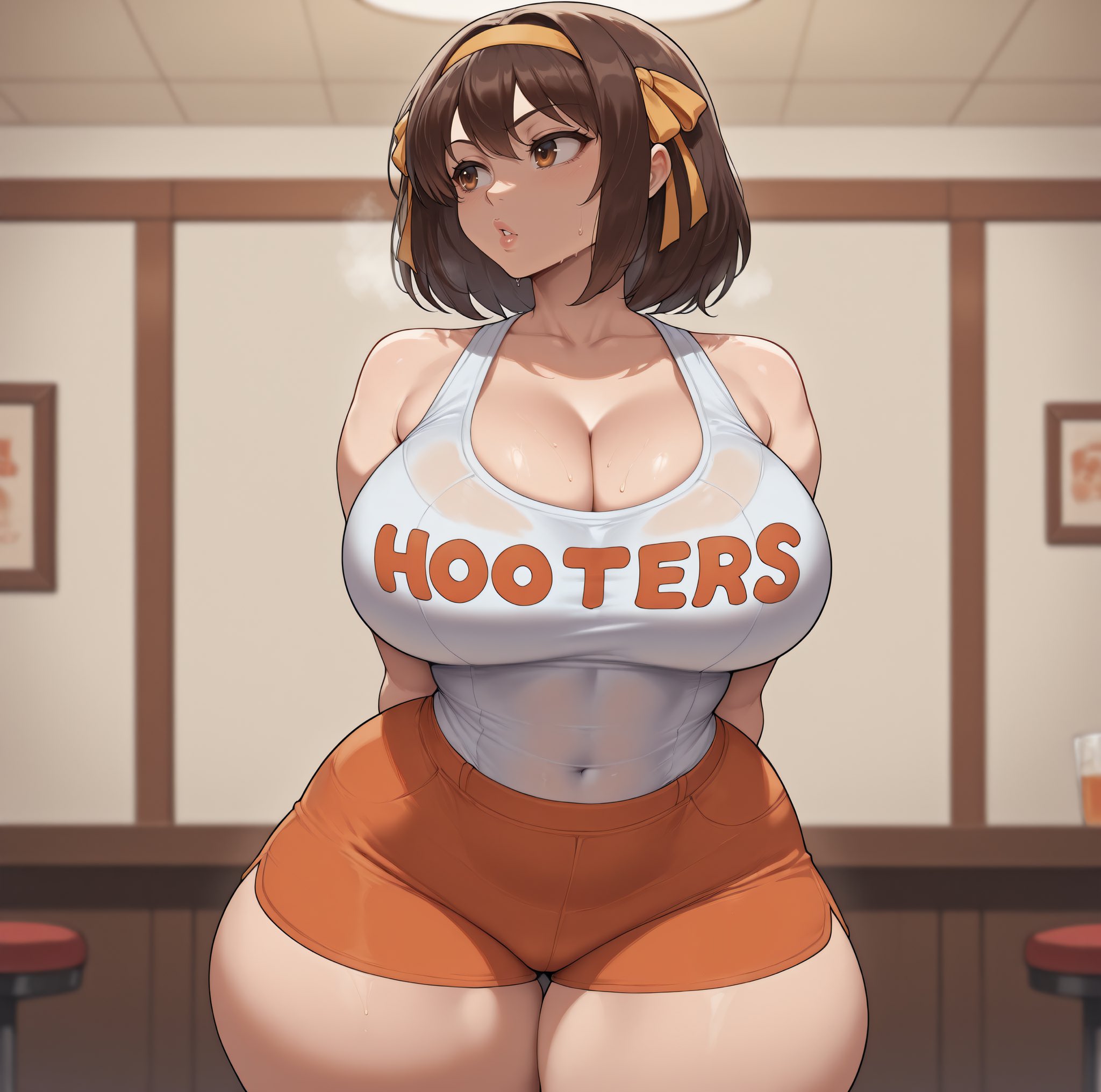 ai generated, big ass, big breasts, breasts, brown hair, clothing, female, female focus, female only, hands behind back, hooters, hooters uniform, huge ass, huge breasts, large breasts, looking away, shorts, smogai, suzumiya haruhi, suzumiya haruhi no yuuutsu