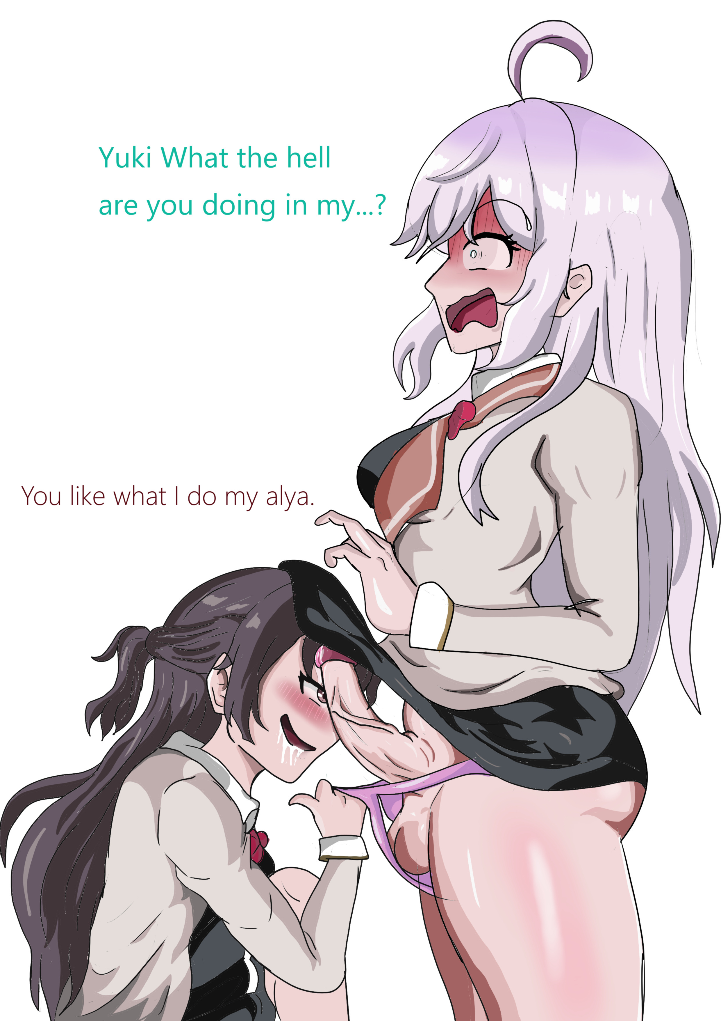 1futa, balls, blush, embarrassed, english text, erection, female, female penetrated, futa on female, futanari, intersex, open mouth, patreon, penetration, penis, saliva, suou yuki, testicles, text, tokidoki bosotto russian de dereru tonari no alya-san, uncensored, zeldriel