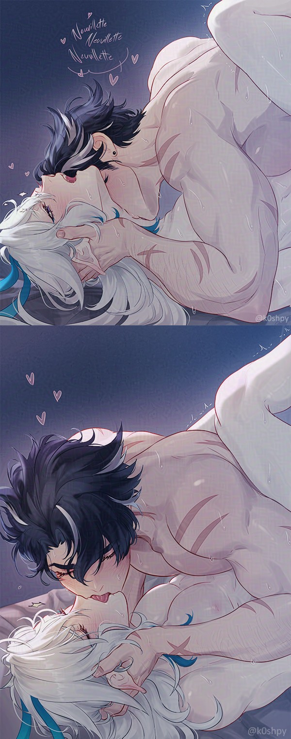 2boys, blush, gay, genshin impact, k0shpy, kissing, male, male only, neuvillette (genshin impact), sex, wriothesley (genshin impact), yaoi
