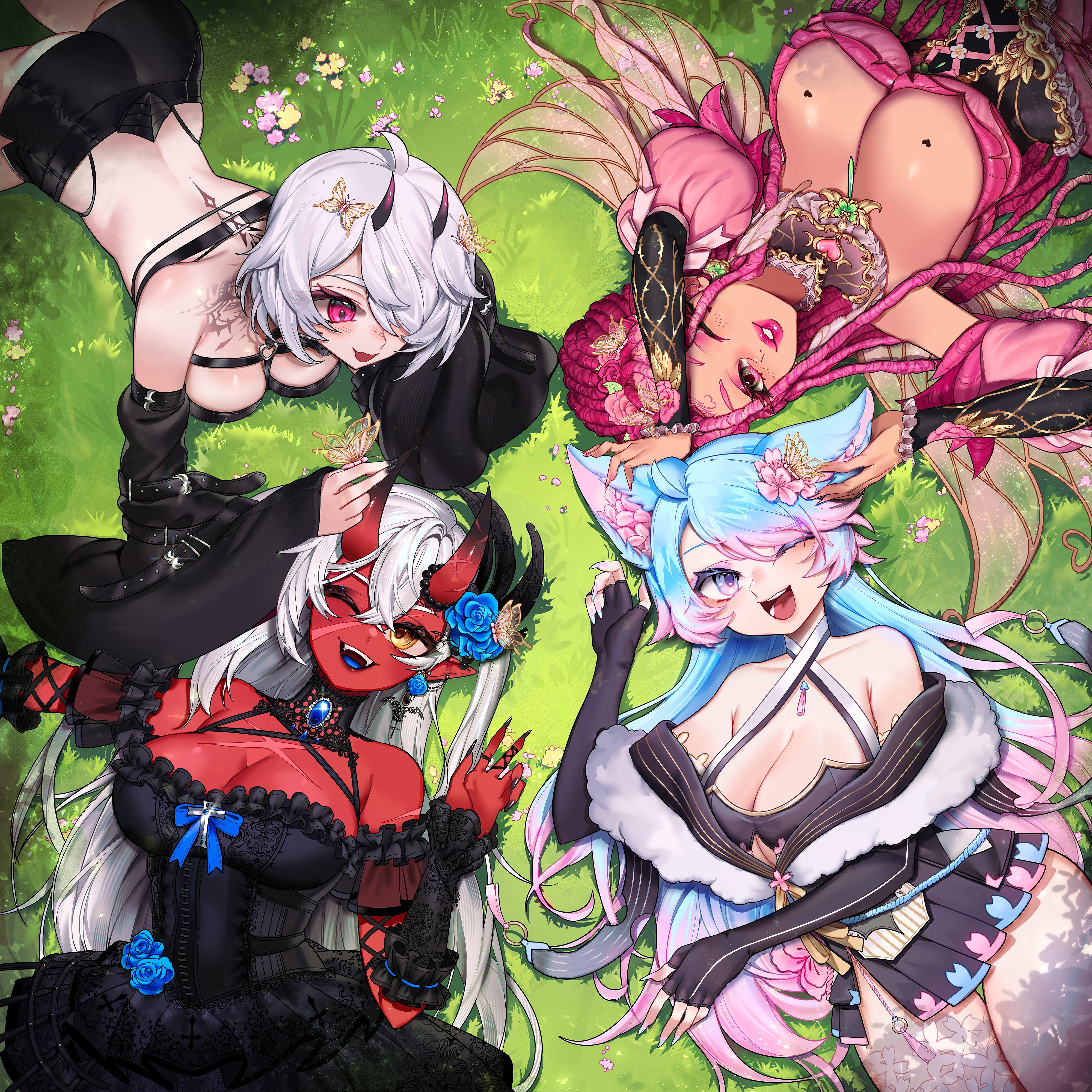 4girls, akumi, bare shoulders, breasts, cleavage, female, flower, gloves, grass, hair ornament, hair over one eye, jewelry, large breasts, long hair, looking at viewer, lying, multicolored hair, multiple females, multiple girls, nano (nanoless), necklace, on stomach, open mouth, outdoors, panties, pink hair, short hair, silvervale, smile, unartist, underwear, virtual youtuber, vyugen, white hair, yellow eyes
