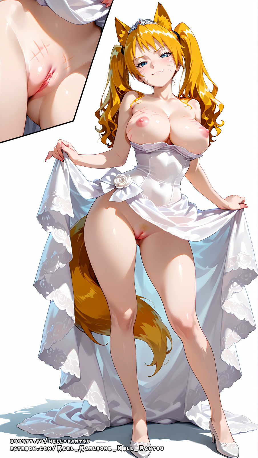 ai female, ai generated, animal ears, animal tail, belly button, blonde female, blonde hair, blue eyes, breasts, color, colored, female, hell-pantsu, hi res, naruko, naruto, naruto (series), naruto shippuden, nipples, pussy, scars
