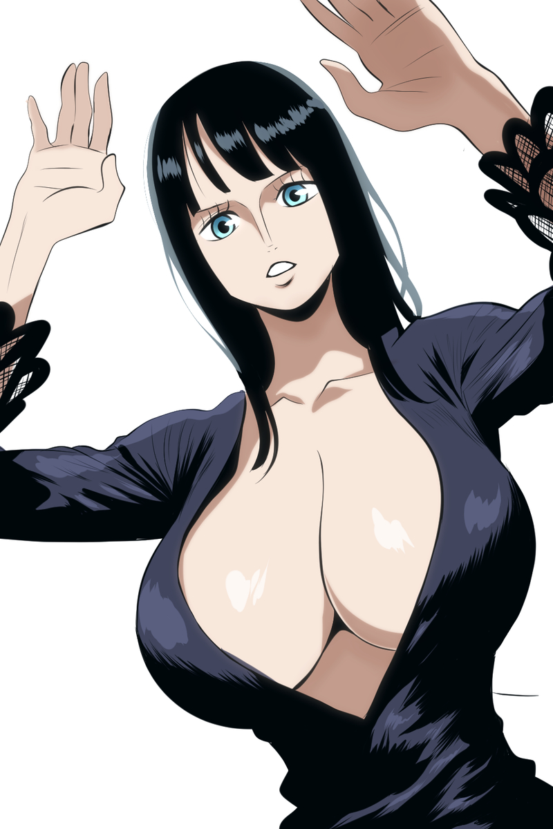 1girls, artist name, big breasts, black dress, black hair, black-haired female, blue eyes, breasts, cleavage, female, female only, hands up, huge breasts, looking at viewer, nico robin, one piece, pre-timeskip, seductive, sexy, white background, yoonsmr