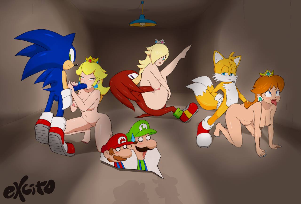 3girls, 5boys, all fours, ambiguous penetration, anthro on human, barefoot, blonde female, blonde hair, blonde-haired female, blowjob, blue eyes, blue fur, blue penis, blush, blush lines, blushing, breasts, breasts out, cheating, cheating girlfriend, completely nude anthro, completely nude female, crossover, crown, cuckold, cuckolding, earrings, excito, female, footwear, furry, green eyes, group, hand on ass, handwear, handwear and footwear only, human, in front of cuckold, jpeg artifacts, knuckles the echidna, light skin, light-skinned female, light-skinned male, lowres, luigi, male, male dominating female, mario, mario (series), nintendo, nude female, open mouth, pale skin, penis, princess, princess daisy, princess peach, princess rosalina, purple eyes, red fur, red penis, royalty, sega, shocked, smirking, sonic (series), sonic the hedgehog, sonic the hedgehog (series), spines, sucking penis, super mario bros., suprised look, tails, tails the fox, yellow fur, yellow penis, yellow tail