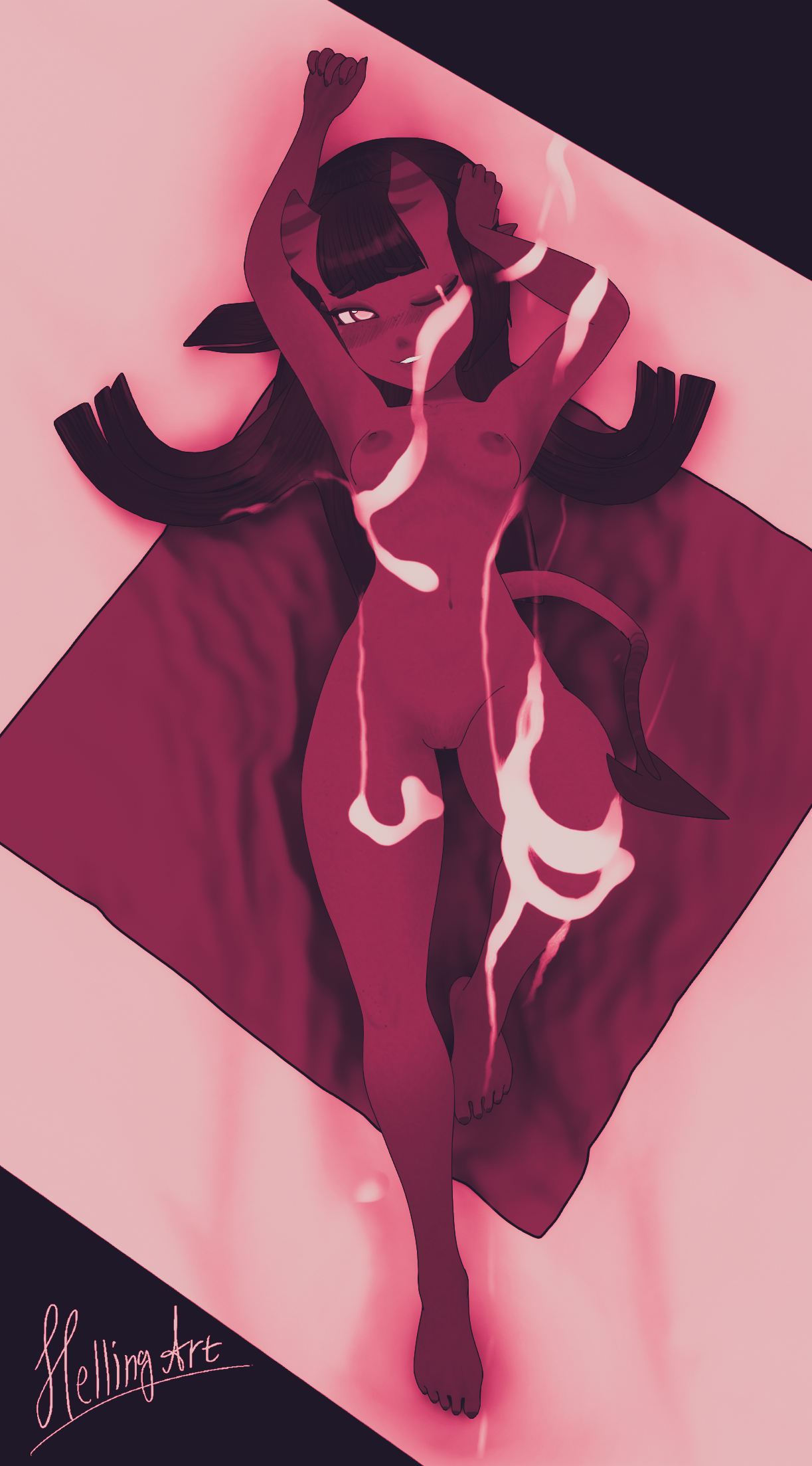 1girls, areolae, athletic, athletic female, black hair, breasts, cum, cum covered, cum on body, cum on breasts, cum on face, curves, curvy, curvy body, curvy figure, curvy hips, demon, demon girl, demon horns, facial, female, female focus, female only, hellingart, horns, long hair, looking at viewer, medium breasts, meru (merunyaa), meruccubus (merunyaa), nipples, nude, nude female, on back, one eye closed, pose, posing, pussy, pussy lips, red body, red skin, seductive, seductive eyes, seductive look, seductive pose, showing off, succubus, thick thighs, vagina, yellow eyes