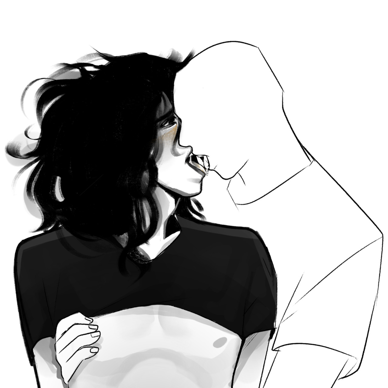 anon, anonymous male, black hair, blush, blushing at partner, cropped, cropped image, date everything, emo, emo boy, gay, holding partner, implied masturbation, implied sex, kissing, long hair, male, male only, male/male, shirt up, sketch, skips shadley (date everything), xxxshadowl0rd420xxx (date everything), y/n, yaoi
