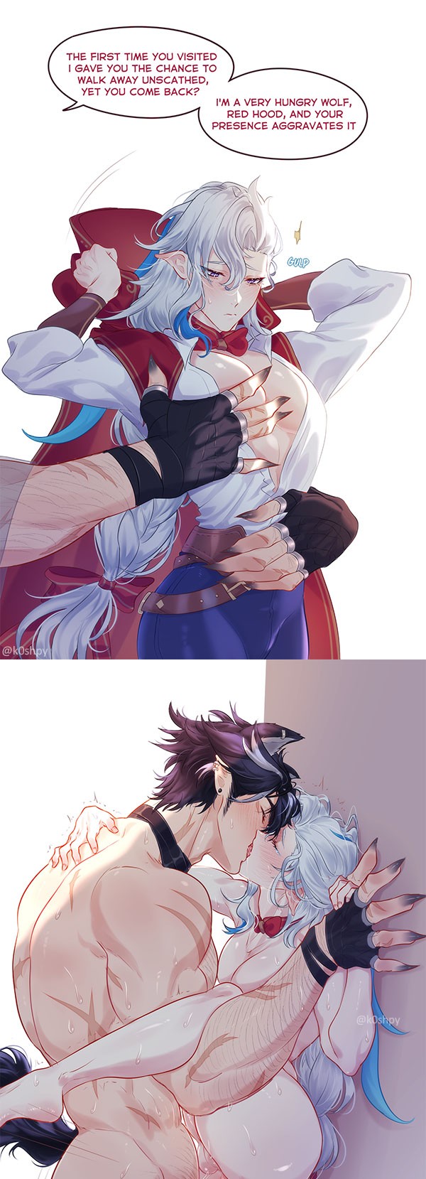 2boys, against wall, anal, anal penetration, anal sex, gay, genshin impact, holding hands, k0shpy, long-haired male, male, male only, neuvillette (genshin impact), penetration, sex, size difference, size kink, tagme, wolf ears, wolf tail, wriothesley (genshin impact), yaoi