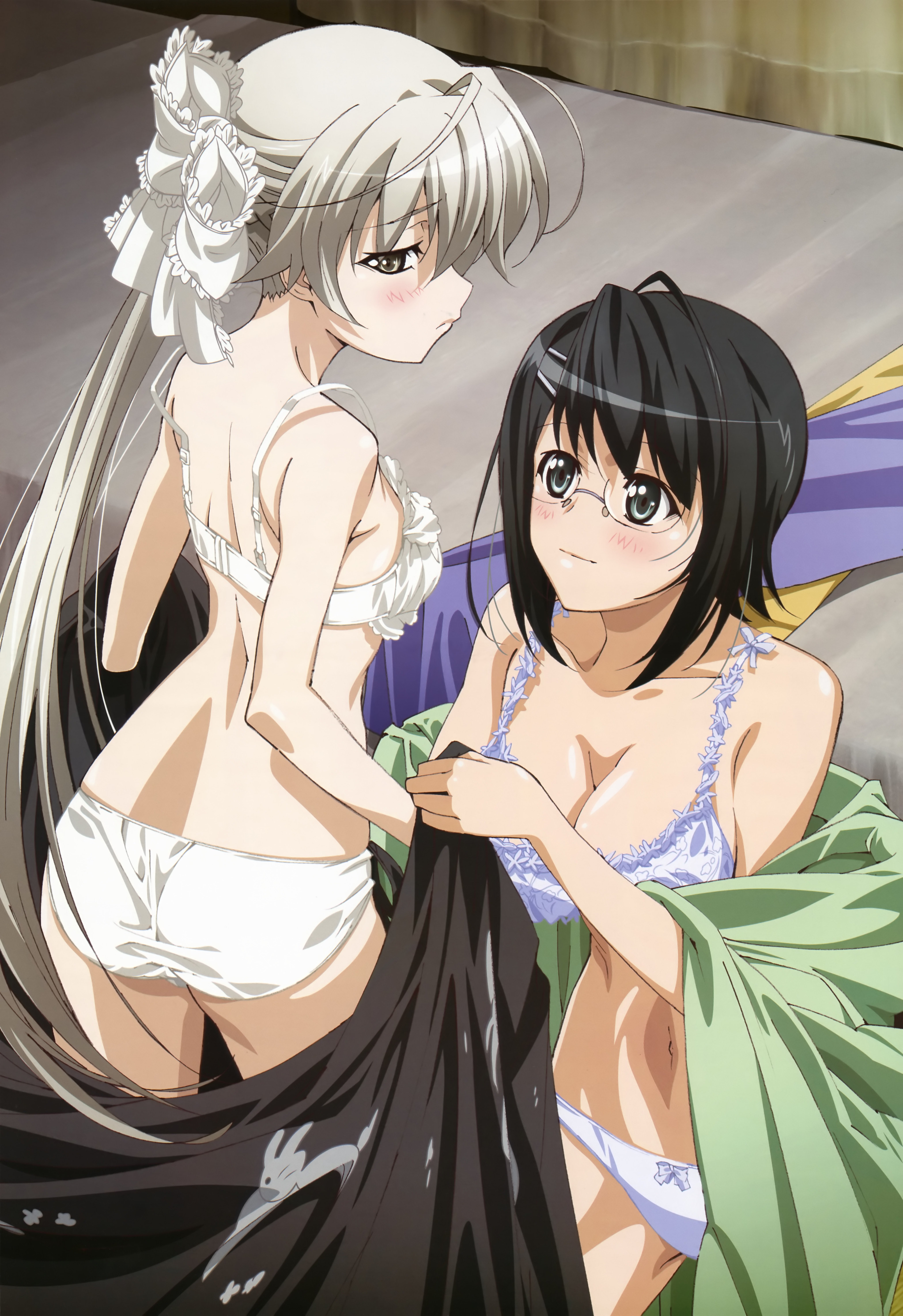2girls, absurdres, antenna hair, black hair, bra, breasts, cleavage, female, female only, glasses, grey eyes, highres, hip focus, japanese clothes, kasugano sora, kimono, lingerie, long hair, medium breasts, multiple females, multiple girls, non-web source, nyantype, official art, panties, pinup (style), short hair, silver hair, small breasts, sugiyama ryouzou, underwear, underwear only, undressing, very long hair, yorihime nao, yosuga no sora