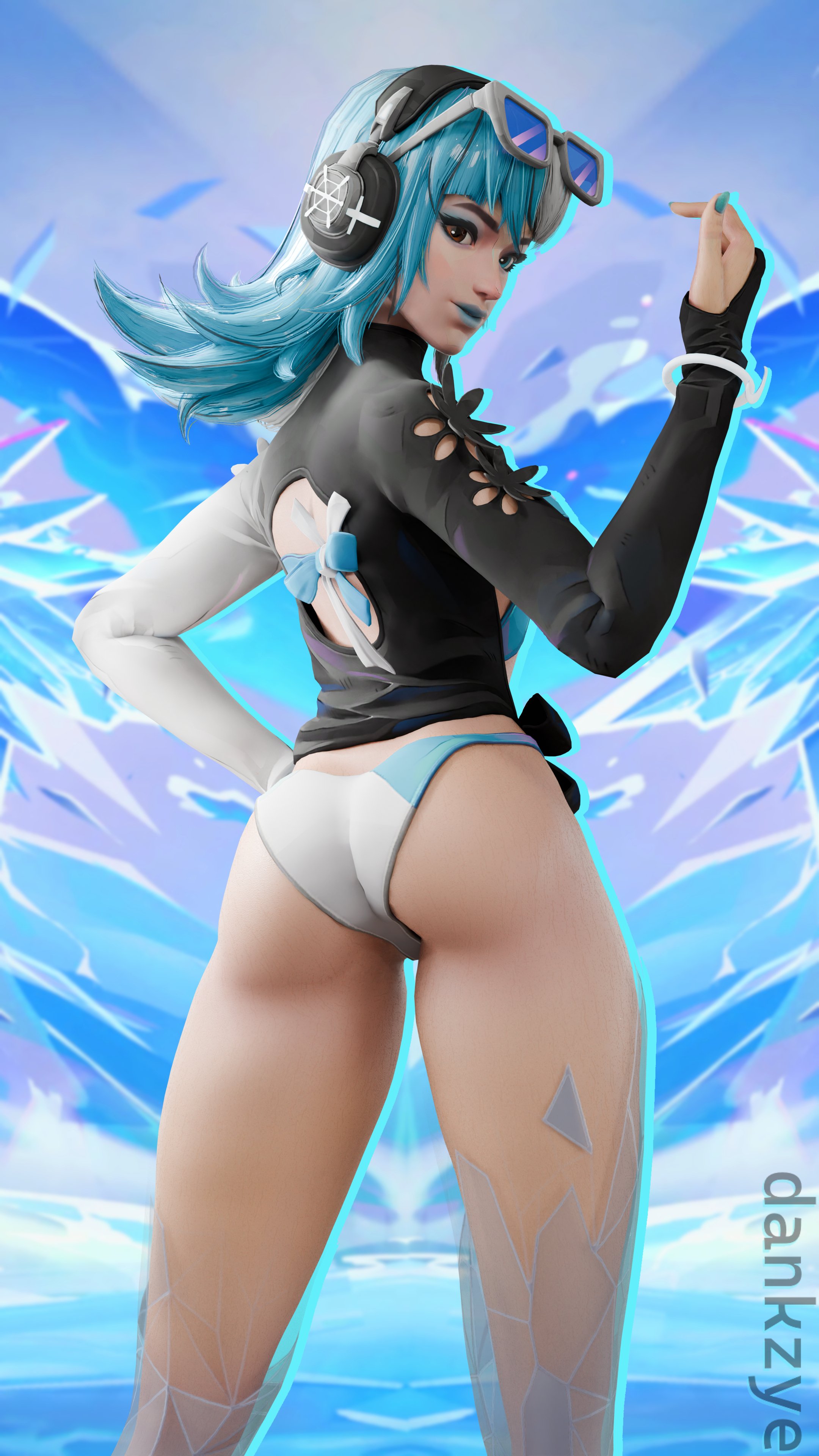 1girls, 3d, asian, asian female, ass, ass focus, back view, blue hair, dankzye, female, korean female, light skin, looking at viewer, looking back, luna snow, luna snow (cool summer), luna snow (marvel rivals), marvel, marvel comics, marvel rivals, summer, swimsuit, two-tone hair