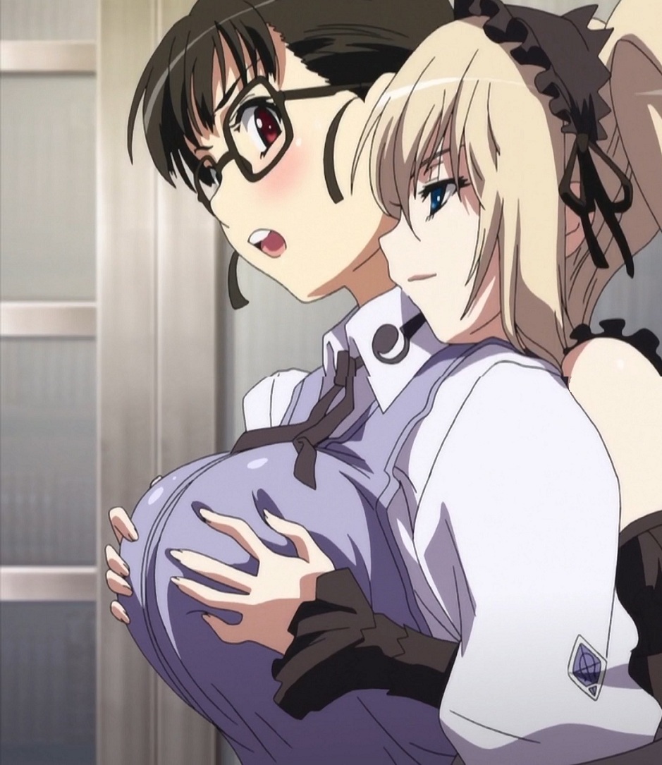 2girls, black hair, blonde hair, blue eyes, breasts, brown eyes, detached sleeves, ekaterina kurae, female, female only, glasses, gothic lolita, grabbing another's breast, green eyes, groping, large breasts, lolita fashion, maid headdress, multiple females, multiple girls, open mouth, screencap, seikon no qwaser, shiizaki lulu, trembling, twintails, yuri