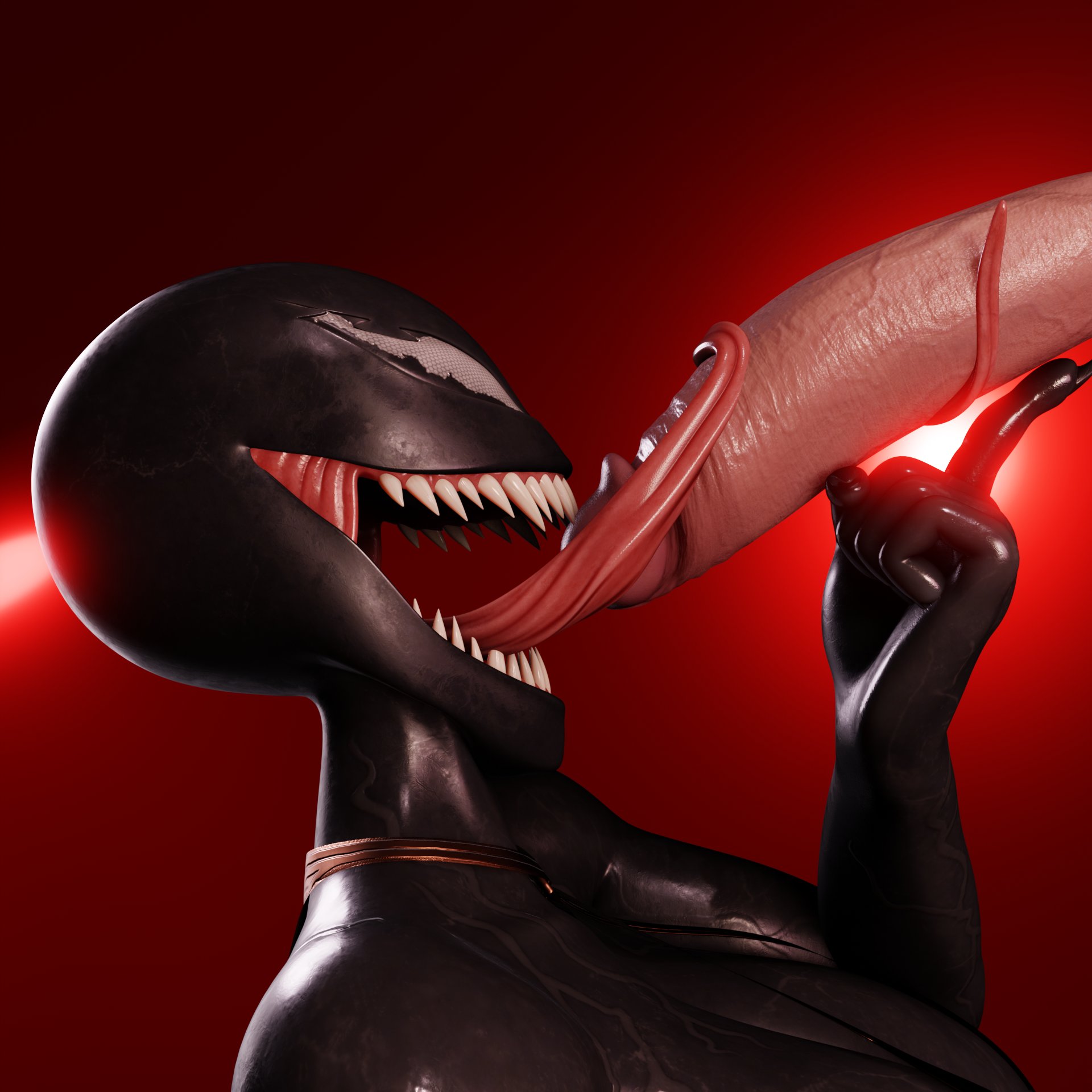 3d, bald, black body, blender, doomfella, fangs, female, fortnite, large penis, licking, licking penis, light-skinned male, long tongue, male, marvel, marvel comics, marvel rivals, penis, penis worship, sharp teeth, she-venom, symbiote, teasing penis