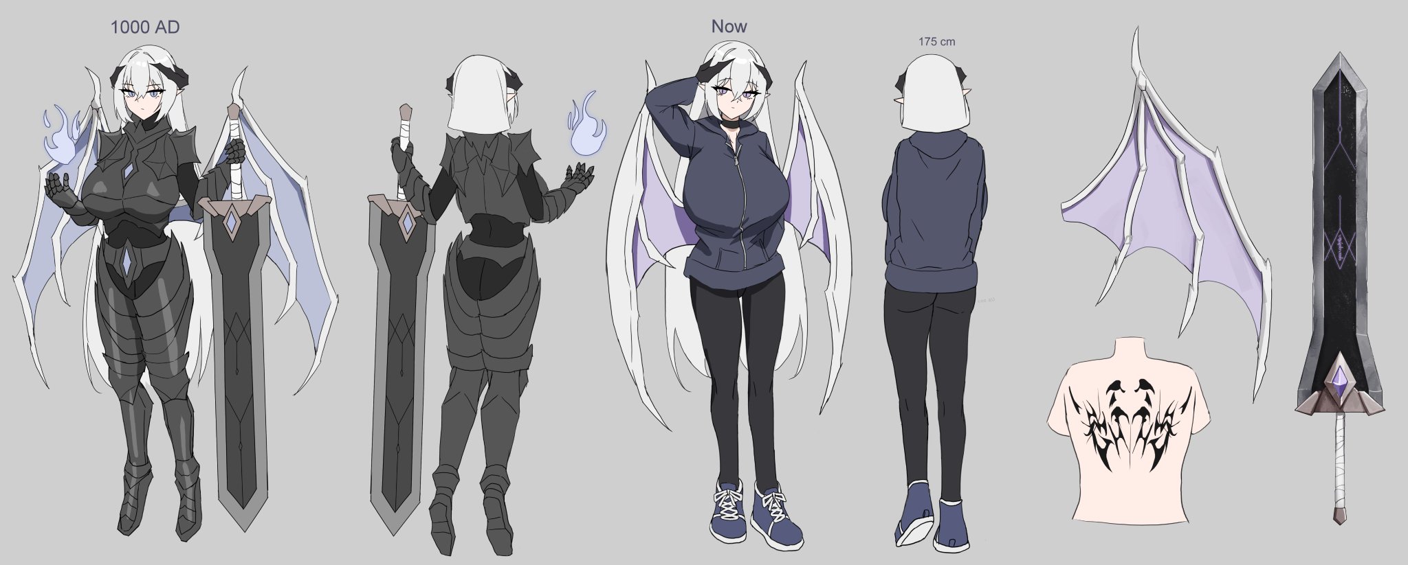 1girls, age progression, armor, breast expansion, breast growth (development), breasts, breasts bigger than head, dotthebot, female, female only, hoodie, horns, huge breasts, massive breasts, original character, purple eyes, reference sheet, sidewinders, solo, sword, tagme, valenia (dotthebot), white hair, wings, yoga pants