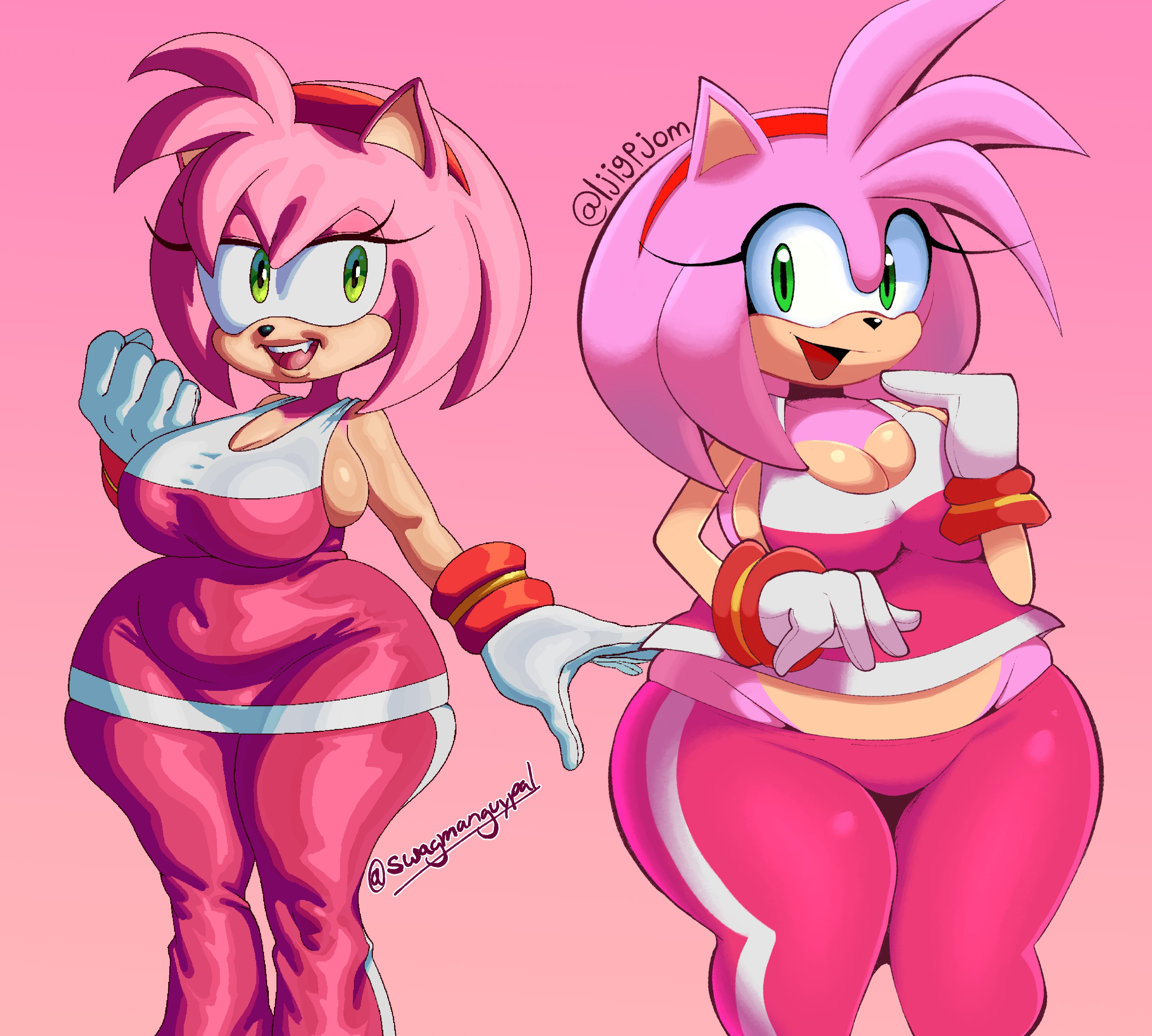 2girls, amy rose, amy rose (riders), anthro, anthro female, big breasts, busty, chubby, chubby female, cleavage, clothed, clothed female, clothing, curvaceous, curvy, curvy female, curvy figure, eulipotyphlan, fur, gloves, green eyes, hairband, hedgehog, hourglass figure, huge breasts, isxues, large breasts, ljigpjom, mammal, pants, pink fur, red hairband, sega, shirt, sonic (series), sonic riders, sonic the hedgehog (series), white gloves, wide hips