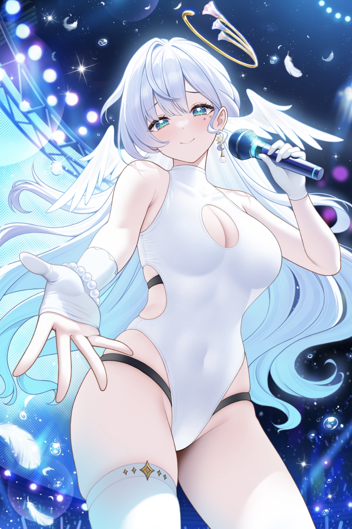 1girls, breasts, concert, curvy, curvy body, curvy female, curvy figure, decoration, feet, feet in stockings, female, female focus, female only, fukuro ko (greentea), girly, gloves, green eyes, head wings, hi res, high quality, honkai (series), honkai: star rail, hoyoverse, legs, leotard, light skin, light-skinned female, long hair, looking at viewer, medium breasts, one-piece swimsuit, performance, robin (honkai: star rail), smile, smiling, smiling at viewer, solo, solo female, solo focus, stockings, very long hair, voluptuous, voluptuous female, white gloves, white legwear, white stockings, wings, wings on head