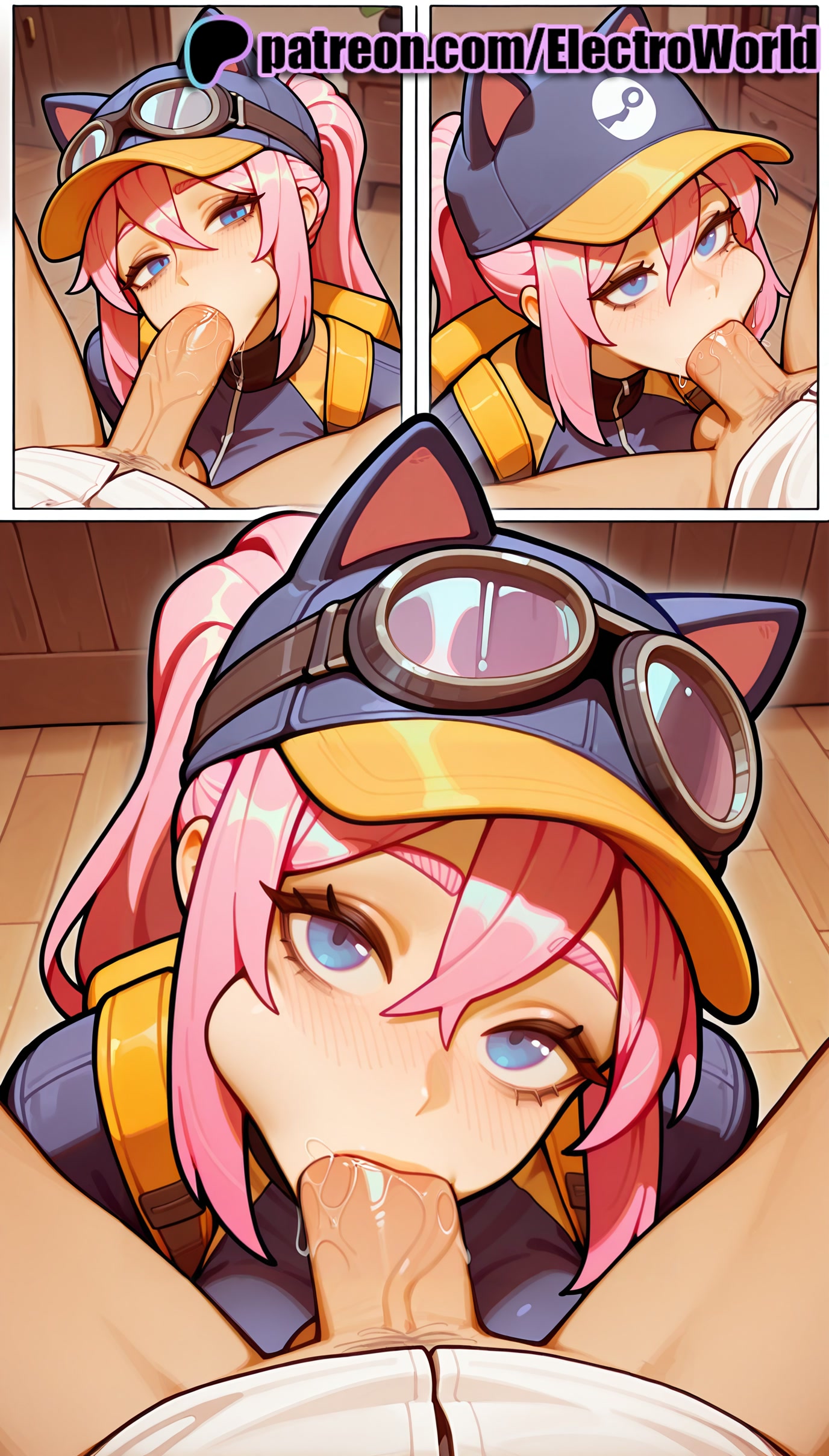 :>=, 1girls, 2025, ai generated, animal ears, artist name, balls, balls sucking, blowjob, blowjob face, blue eyes, blush, cheek bulge, chewing gum, cock, cum in mouth, dick, electroworld, erection, eyewear on head, eyewear on headwear, fellatio, female, goggles, goggles on head, goggles on headwear, hi res, high quality, high resolution, highres, licking, licking penis, long hair, looking at viewer, male, multiple fellatio, oral, oral sex, patreon, patreon username, penis, pink hair, pov, spitroast, stable diffusion, steam (software), steam delivery girl, straight, sucking, testicles, uncensored, valve (company), veins, watermark