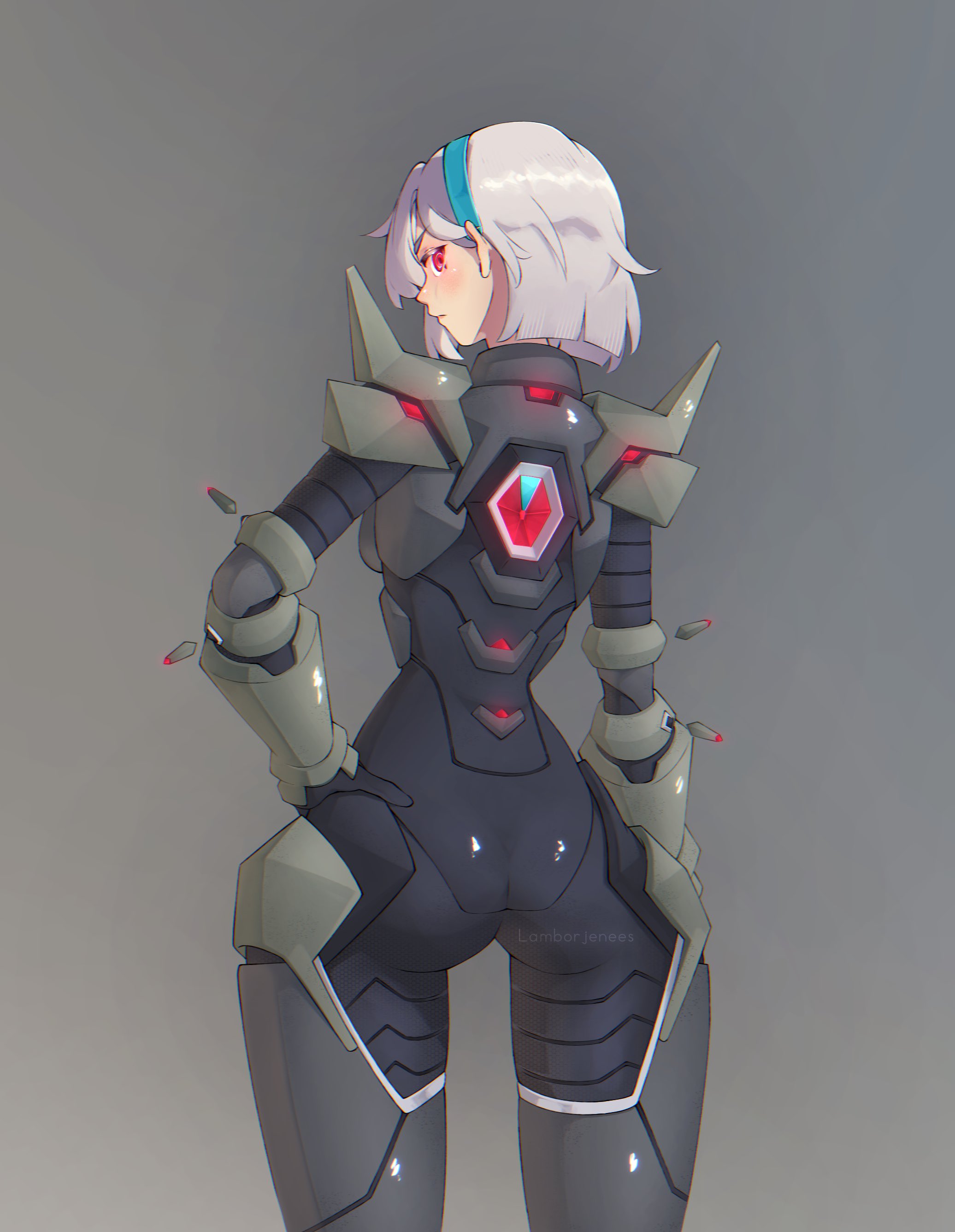 1girls, armor, ass, female, fortnite, from behind, hand on hip, lamborjenees, lexa (fortnite), looking at viewer, looking back, og lexa (fortnite), wide hips