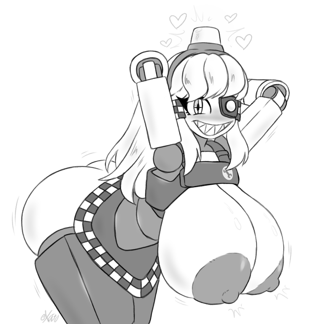 <3, 2025, ass, breasts, casual nudity, excito, female, female only, huge ass, huge breasts, large breasts, mimi sentry, monochrome, nude, pinup, robot, robot girl, sharp teeth, solo, solo female, team fortress 2, teasing, valve