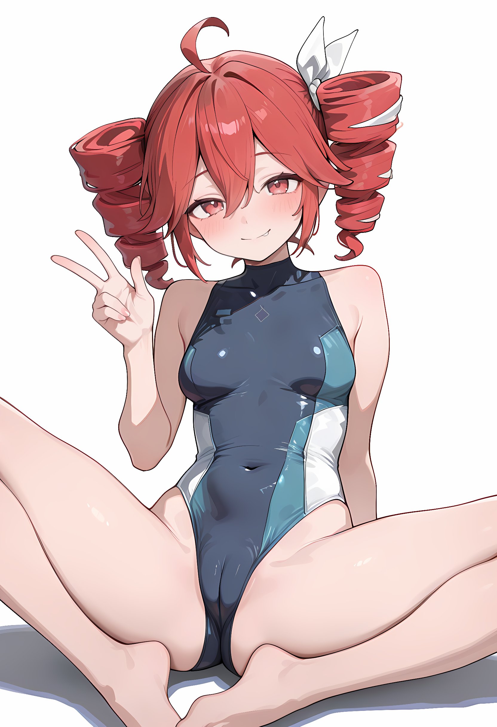 1girls, ahoge, ai generated, ass, ass visible through thighs, blush, breasts, cameltoe, fangs, feet, female, female only, hair ornament, hairbow, kasane teto, kasane teto (sv), navel, navel visible through clothes, oerba yun fang, partially visible vulva, peace sign, petite, petite female, pussy, pussy visible through clothes, red eyes, red hair, shiny skin, simple background, sitting, skintight, slim waist, small breasts, solo, solo female, spread legs, swimsuit, swimwear, synthesizer v, thick thighs, thighs, tight clothing, twin drills, utau, vulva, white background
