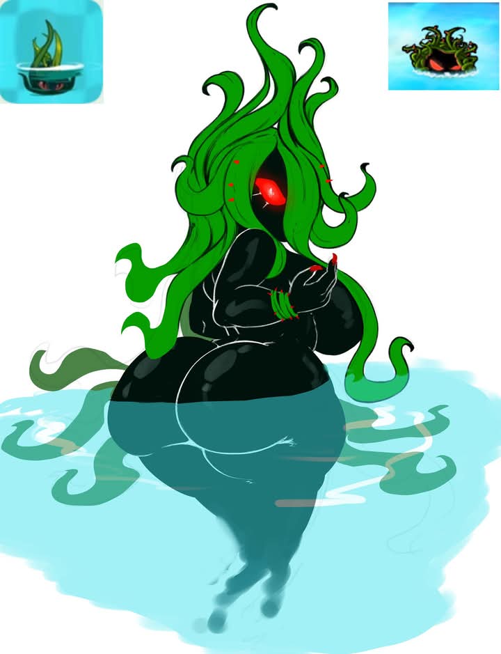 ass, back view, black skin, breasts, female, from behind, green hair, humanized, inviting, inviting to sex, large ass, large breasts, looking at viewer, nude, nude female, plant girl, plants vs zombies, red eyes, silhouette, tangle kelp (pvz), thick thighs, vines, water