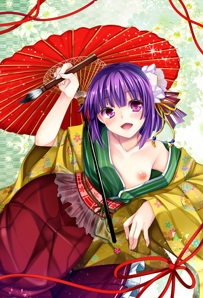 arm_support arm_up bare_shoulders blush breasts brush collarbone female fingernails flat_chest flower hair_flower hair_ornament hakama haori hieda_no_akyuu hoozuki_shia japanese_clothes kimono nipple_slip nipples no_bra obi off_shoulder open_mouth oriental_umbrella purple_eyes purple_hair short_hair solo touhou umbrella