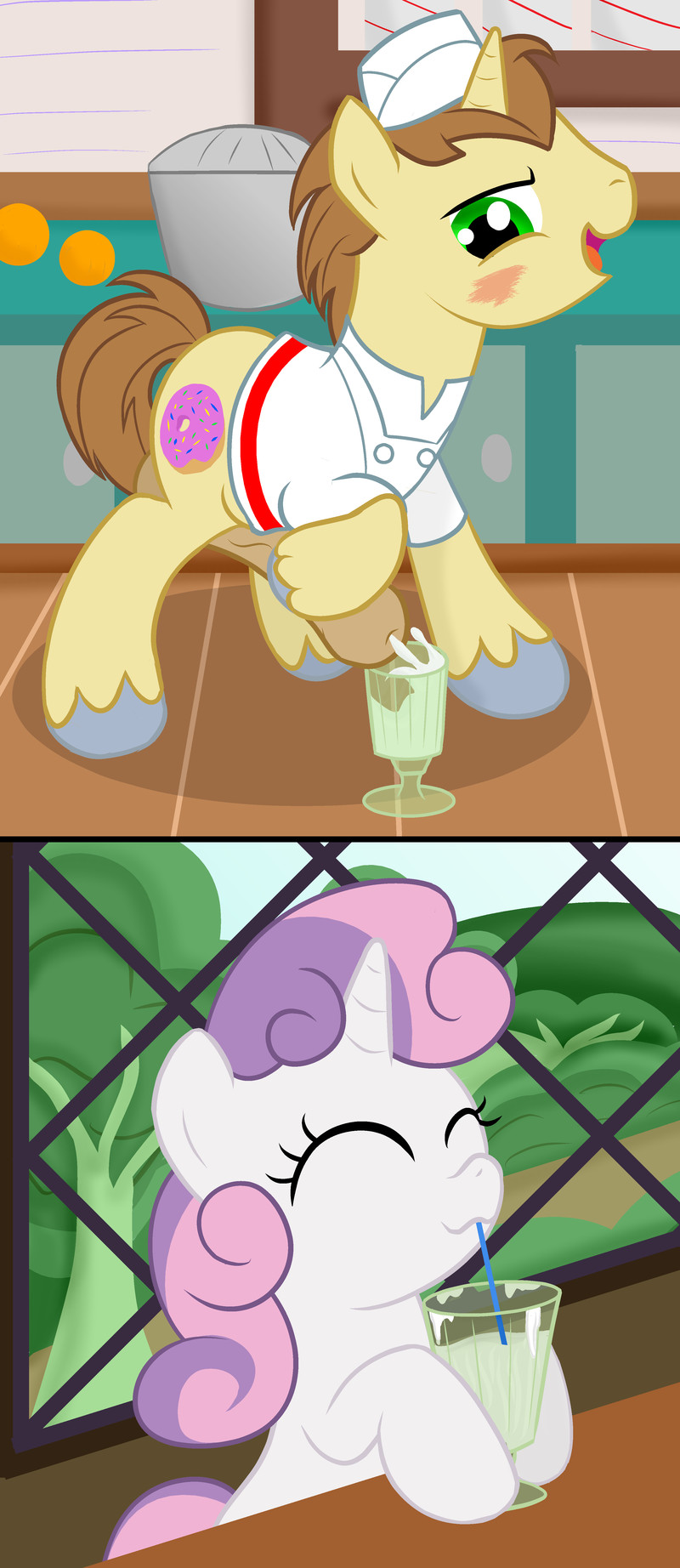 cutie_mark_crusaders donut_joe_(mlp) friendship_is_magic hair_on_head my_little_pony ohohokapi sweetie_belle_(mlp)