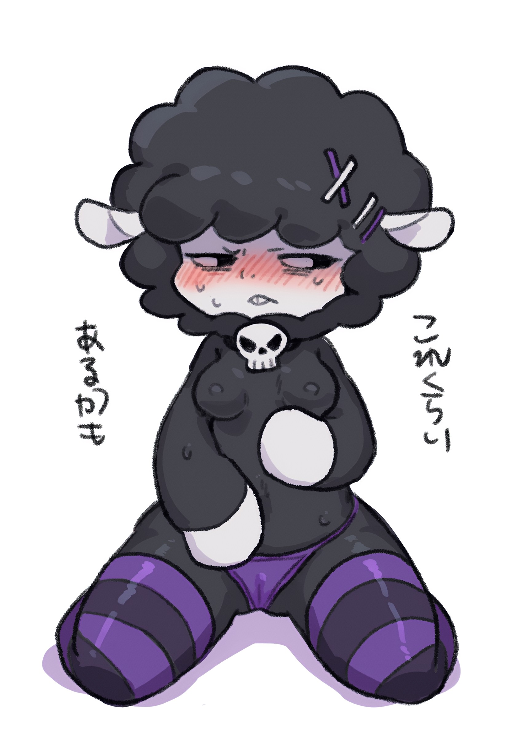 1girls, 2025, 2025s, 2d, 2d (artwork), 2d artwork, 763 san, absurd res, absurdres, anthro, anthro female, anthro only, anthrofied, baba chops, baba chops (poppy playtime), black body, black eyes, black fur, black hair, black sclera, black sheep, black wool, blush, blushing, bovid, bovine, breasts, caprine, critters (poppy playtime), curly hair, cute, digital art, digital drawing, digital drawing (artwork), digital media, digital media (artwork), digital painting, digital painting (artwork), female, female anthro, female focus, female only, fur, furry, furry female, hairclip, japanese text, jewelry, kneeling, legwear, looking at viewer, looking away, mammal, mob entertainment, mob games, necklace, nightmare critters, nipples, no humans, on knees, panties, pendant, poppy playtime, poppy playtime (chapter 4), pupils, purple legwear, purple panties, purple stockings, purple thigh highs, purple thigh socks, purple thighhighs, purple thong, purple underwear, sheep, sheep ears, sheep girl, sheep humanoid, sheep tail, sheeps, skull accessory, skull necklace, skull pendant, small breasts, smaller female, smiling critters, solo, solo female, solo focus, stockings, striped legwear, striped stockings, striped thigh highs, striped thigh socks, striped thighhighs, sweat, sweatdrop, tail, teeth, text, thigh highs, thigh socks, thighhighs, thong, underwear, video games, white background, white body, white ears, white eyes, white face, white hooves, white inner ear, white pupils, white skin, wool, wool (fur), wool hair