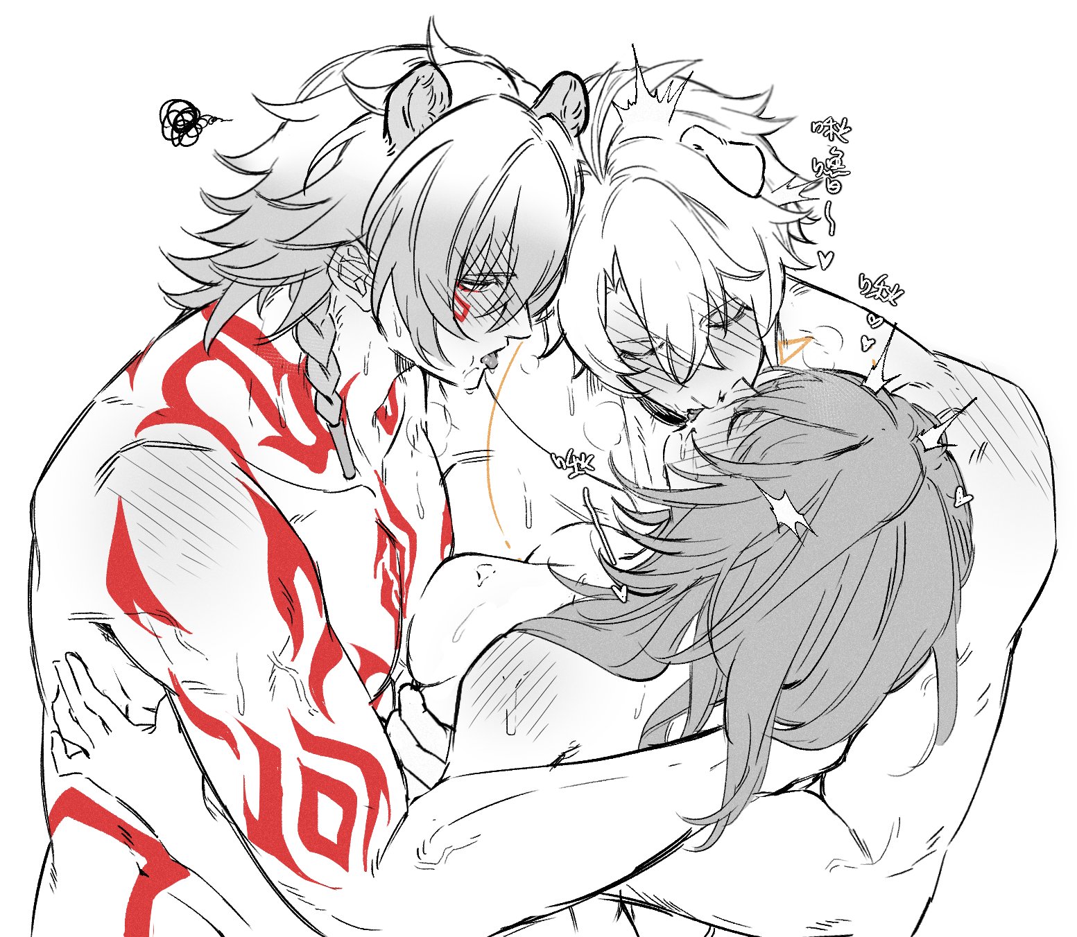 1girl2boys, 2boys1girl, breasts, dog ears, female, honkai: star rail, lion ears, male, monochrome, mydei (honkai: star rail), phainon (honkai: star rail), saliva trail, stars4993, stelle (honkai: star rail), threesome, tongue out