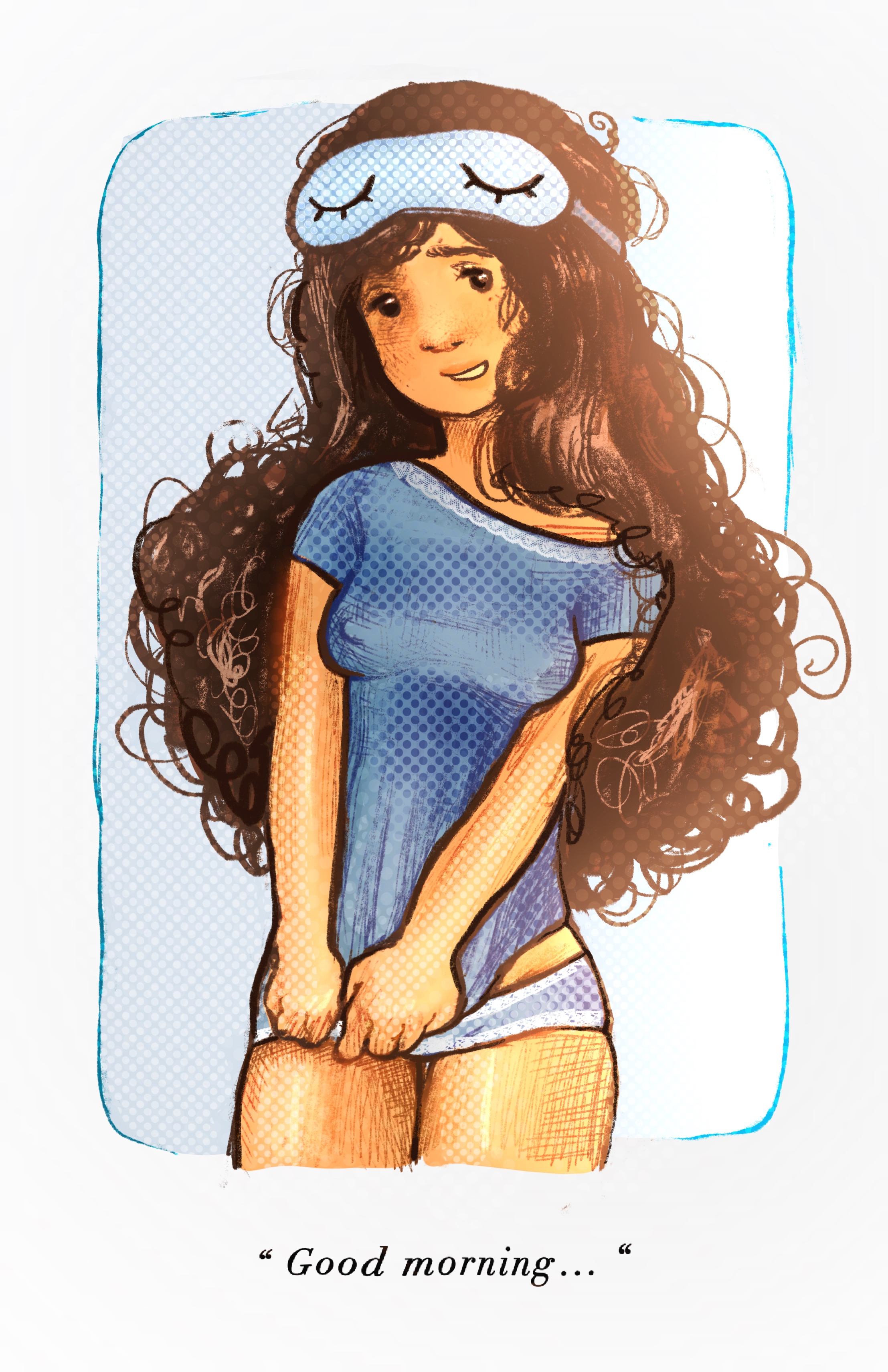 1girls, after sex, bedhead, black hair, bloom, blue background, blue panties, blue sky, blue underwear, bottomless, bright, closeted, covering crotch, curly hair, curly-haired female, curvaceous, curvy, curvy figure, cute, dark body, dark hair, embarrassed, embarrassed female, english text, female, flowersonwalls, hawaiian, hawaiian female, just woke up, lesbian focus, light, light-skinned female, lighting, looking at viewer, lucy bay / cece (flowersonwalls), messy, messy hair, morning, morning after, nipple bulge, nipple fetish, nipple outline, nipple poke, nipples visible through clothing, no pants, original, original art, original artwork, original character, original characters, pajama shirt, pajamas, pajamas pull, poking out, polka dot, polka dot background, polka dot panties, polynesian, pulling, pulling clothing, pulling own clothes, shiny, shiny clothes, shiny hair, shiny skin, shiny thighs, shy, shy expression, shy smile, sleep mask, sleepy, sunny, sunrise, sweet, tan, tan body, tan skin, tan-skinned female, tangled hair, tanned skin, the banana peel, tired, tired expression, tired eyes, tired look, wholesome, yuri