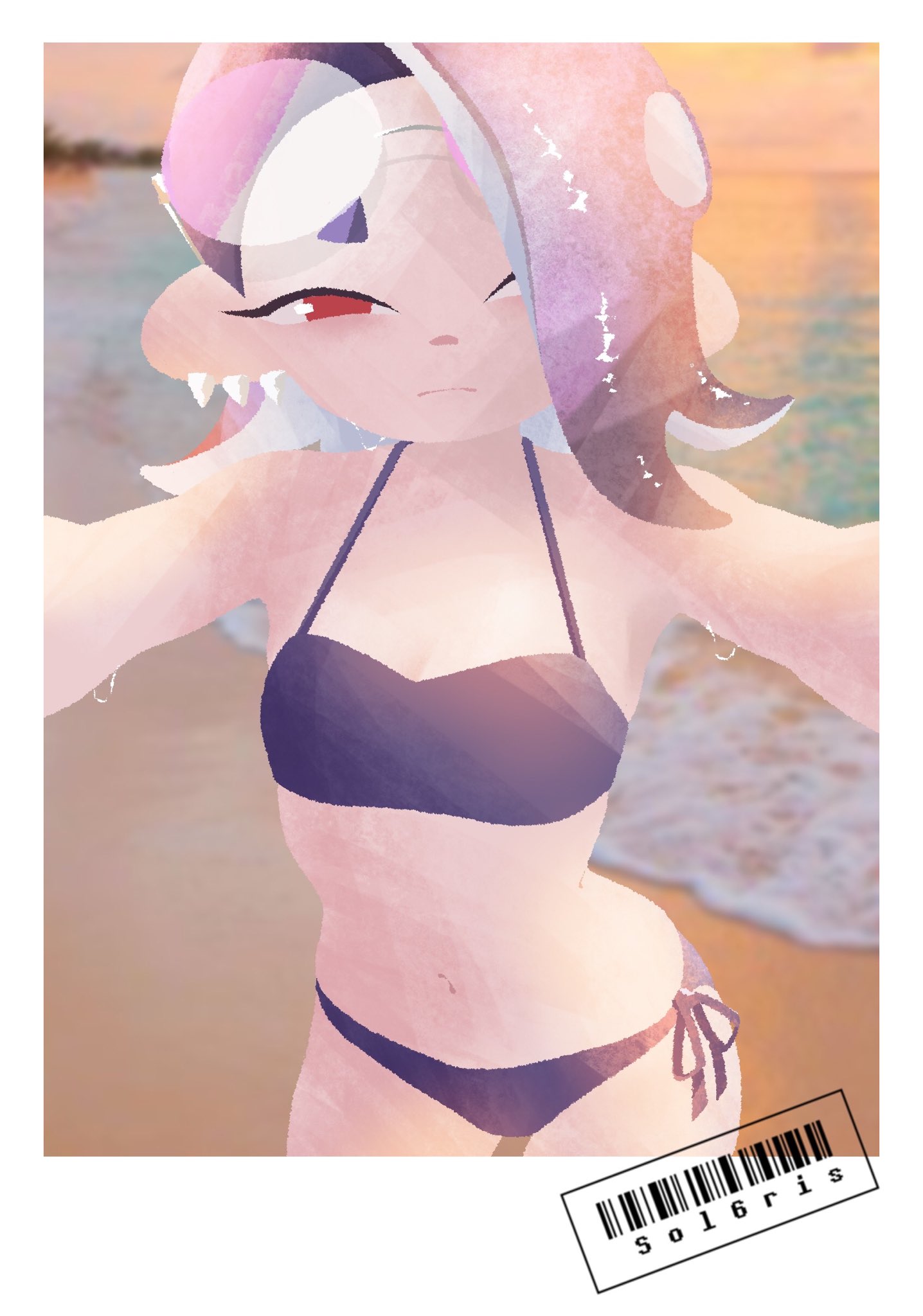 1girls, accurate art style, beach, bikini, bluesky link, breasts, cleavage, female, pov, sad, shiver (splatoon), shiver hohojiro, sol6ris, splatoon, splatoon (series), splatoon 3, twitter link