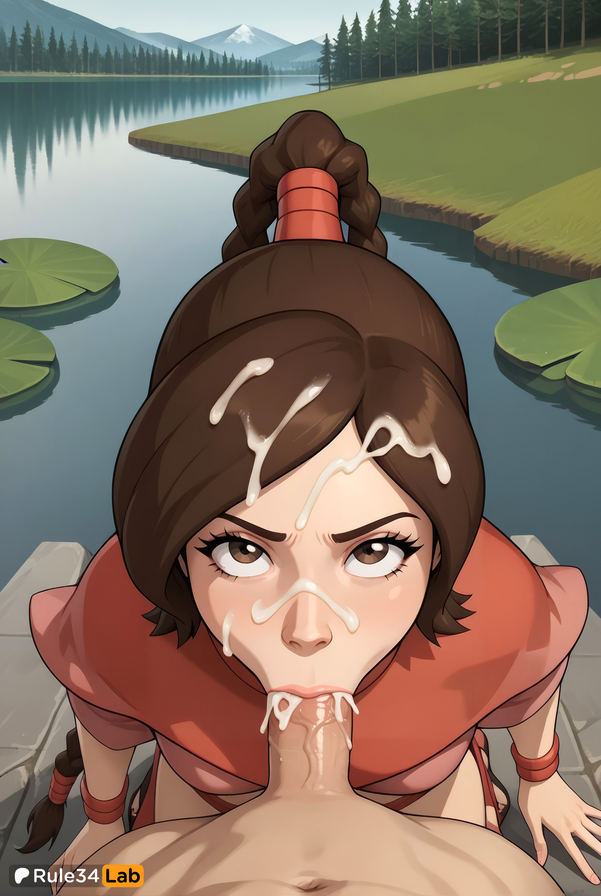 :>=, 1boy, 1boy1girl, 1girls, ai generated, artist name, avatar legends, avatar the last airbender, blowjob, braid, braided ponytail, brown eyes, brown hair, clothed female nude male, cum, cum in mouth, cum on hair, erection, facial, fellatio, female, hi res, jewelry, kneeling, lake, lily pad, lips, long hair, looking at viewer, looking up, male, navel, nickelodeon, nicktoons, nude, oral, outdoors, patreon logo, patreon username, penis, pov, pov crotch, rule34lab, solo focus, straight, ty lee, uncensored, veins, veiny penis, water