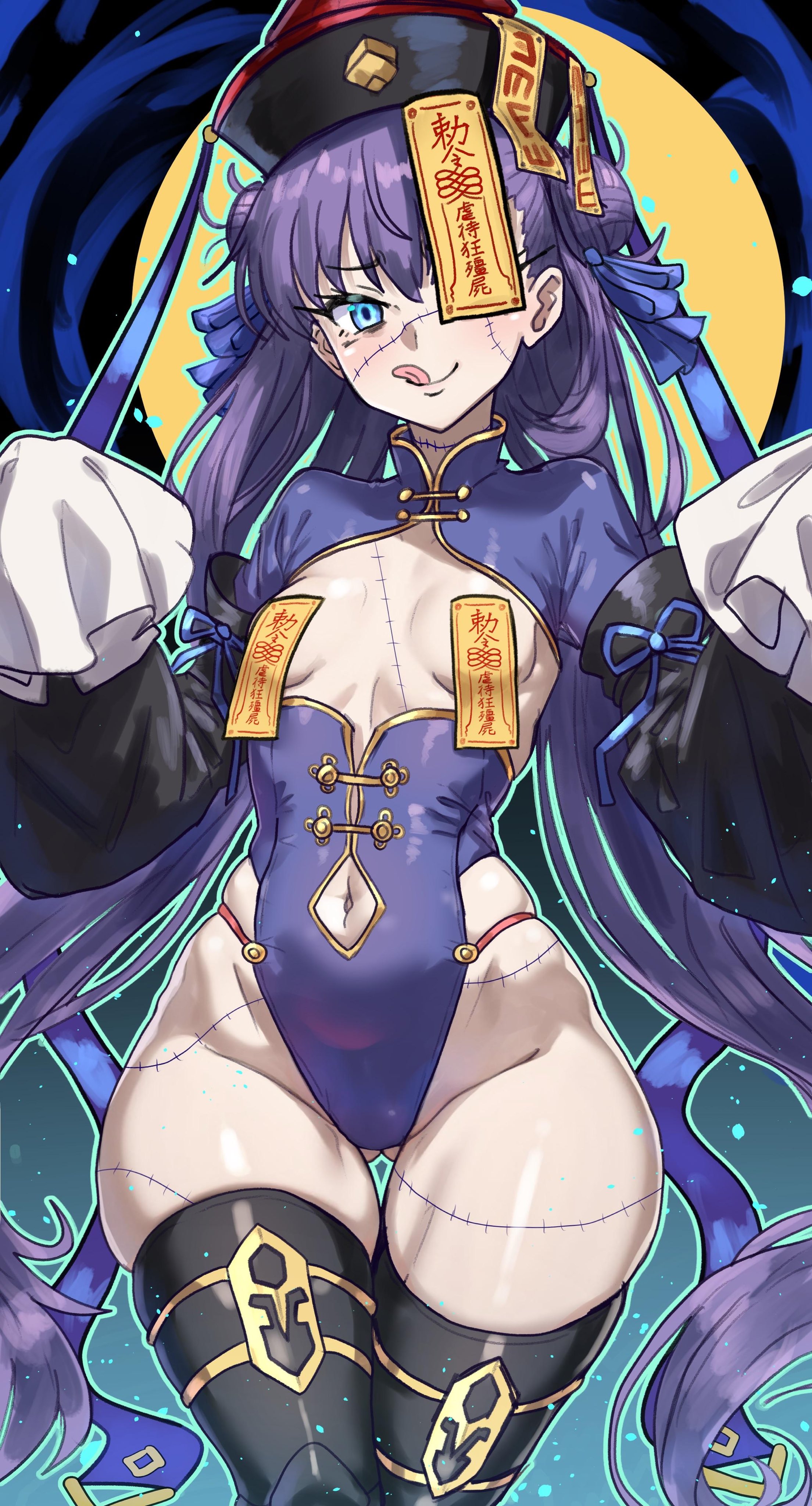 blue eyes, breasts, ebora, fate (series), fate/grand order, female, hat, jiangshi, jiangshi costume, licking lips, long hair, long sleeves, meltryllis, midriff, navel, purple hair, small breasts, stitches, thick thighs, thighhighs, thighs, undead, very long hair, wide hips, zombie