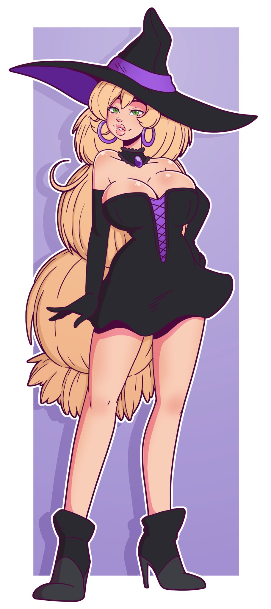 big breasts, bimbo, bimbo body, bimbo lips, blonde hair, breasts, female, green eyes, seductive, seductive look, seductive smile, wide hips, witch, witch hat, wrenzephyr2