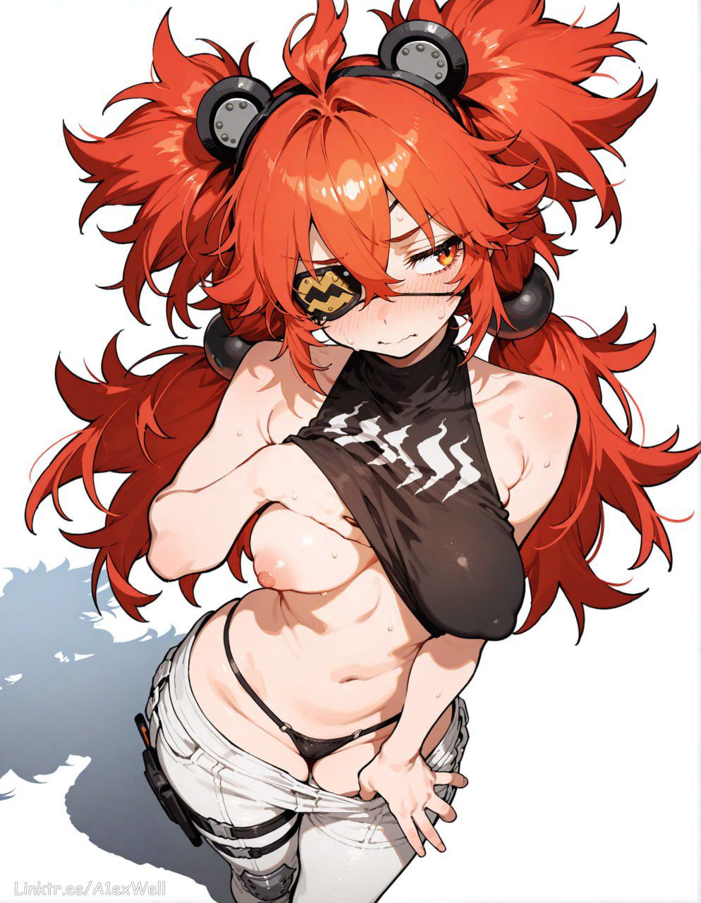 1girls, a1exwell, adult female, ai generated, alternate body type, alternate breast size, breasts, embarrassed, eyepatch, female, from above, hoyoverse, koleda belobog, lifted by self, lifted top, looking aside, messy hair, one breast out, panties, pants, puffy nipples, pulling down pants, shy, simple background, stable diffusion, thing, thong, twintails, white background, zenless zone zero